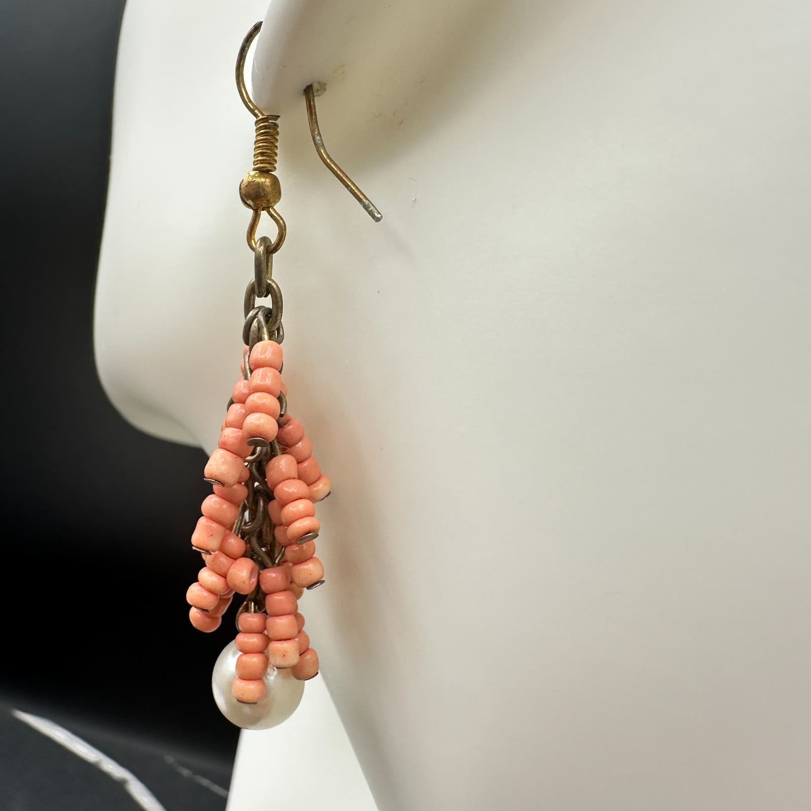 Vintage Handmade Women's Pink Beaded Long Hanging Fashion Dangle Earrings - Thumbnail 5