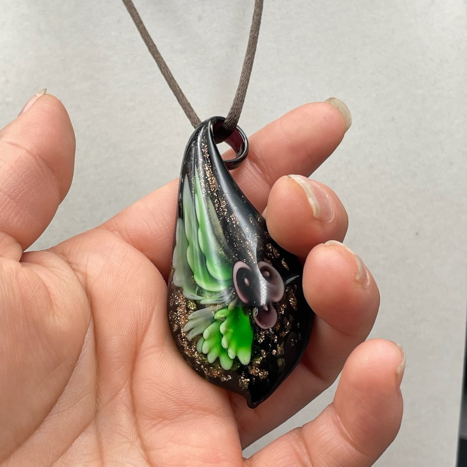 Black Lampwork Botanical Borosilicate Glass Blooming Flower Pendant Necklace - Thumbnail 6