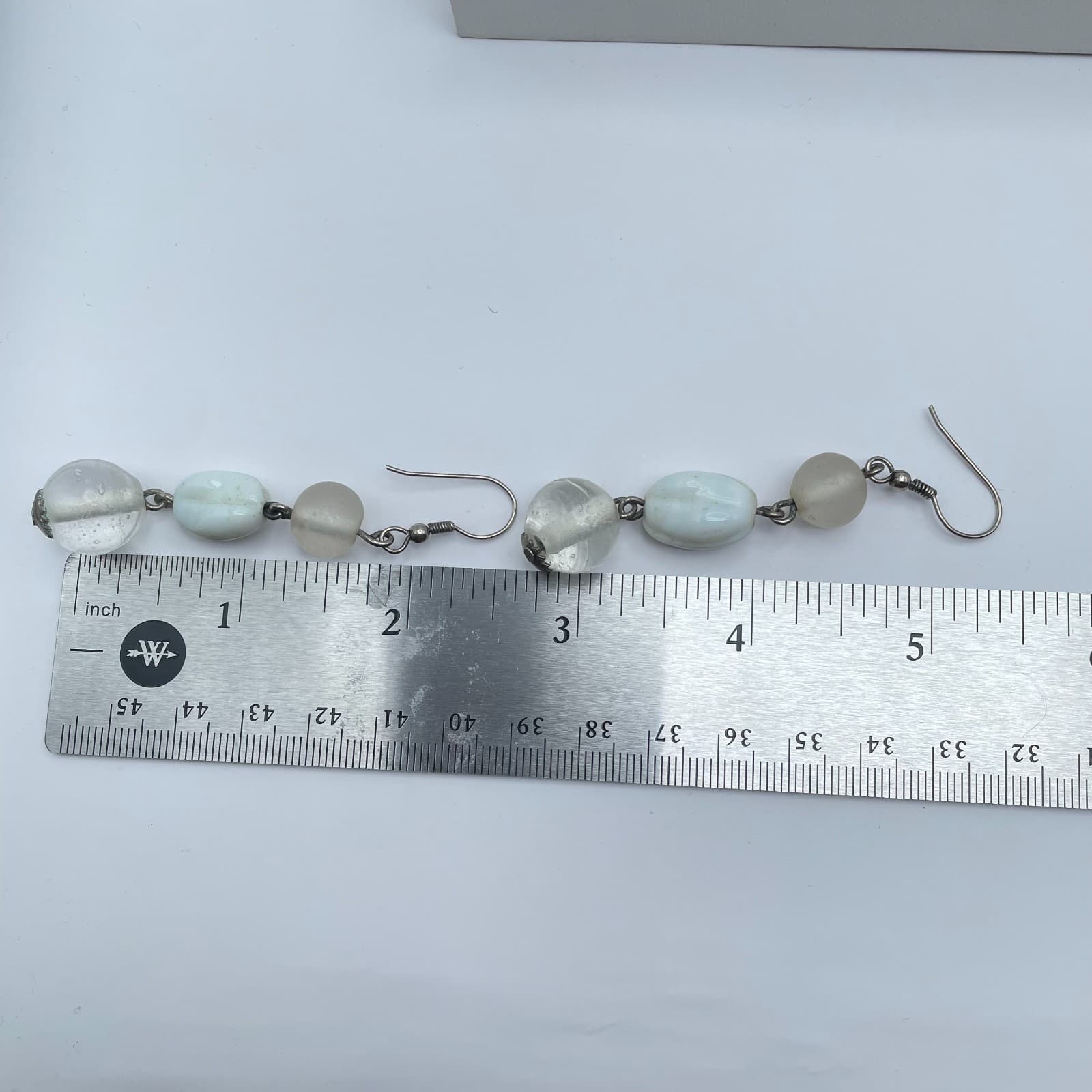 Vintage 90s White & Clear Glass Beaded Silver Tone Dangle Earrings Jewelry - Thumbnail 7