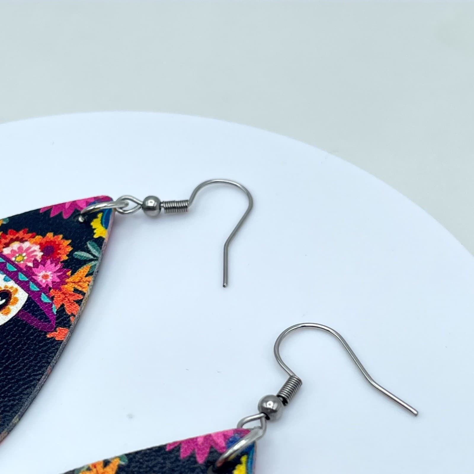 Fashion Pink Blue Gothic Leather Floral Skeleton Dangle French Hook Earrings - Thumbnail 7