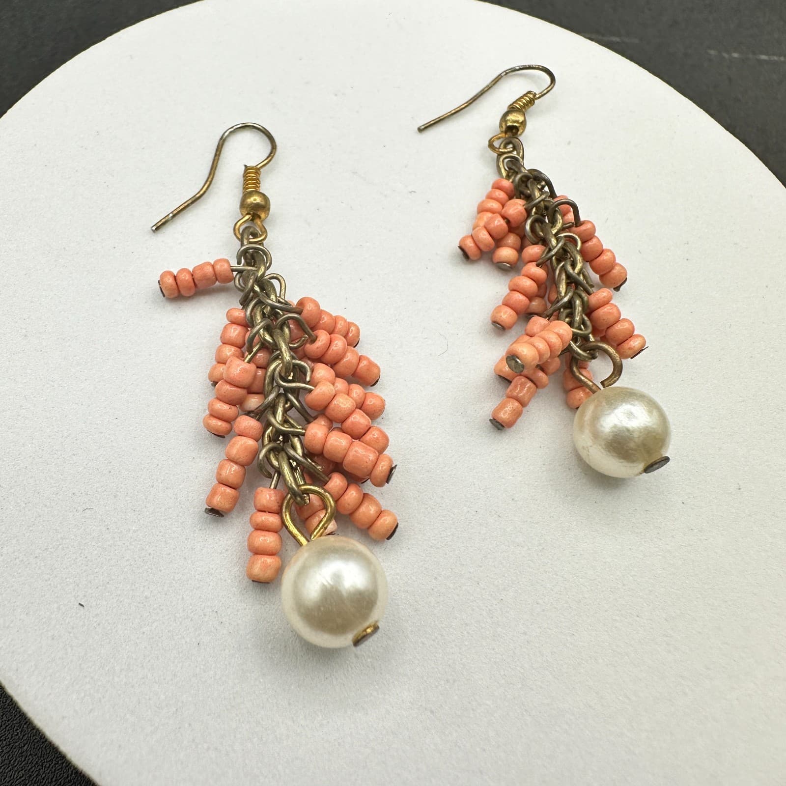 Vintage Handmade Women's Pink Beaded Long Hanging Fashion Dangle Earrings - Thumbnail 7