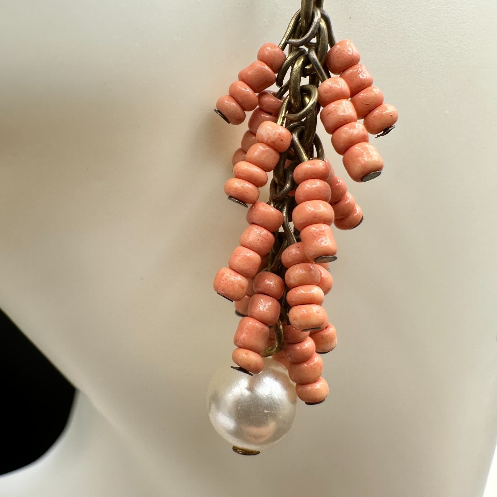 Vintage Handmade Women's Pink Beaded Long Hanging Fashion Dangle Earrings - Thumbnail 4