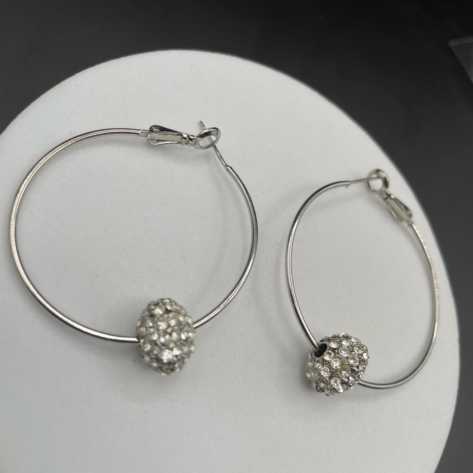 Rhinestone Pavé Bead Silver-Tone Hoop Earrings - Thumbnail 5
