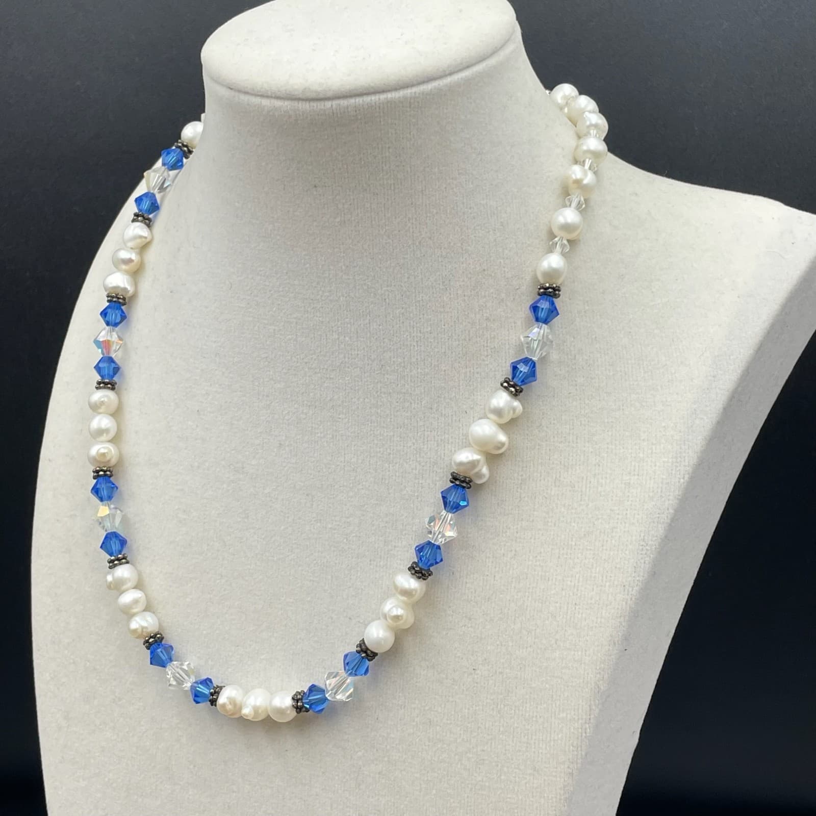 Artisan White Blue Faceted Bicone Crystals Freshwater Pearl Beaded Necklace - Image 1
