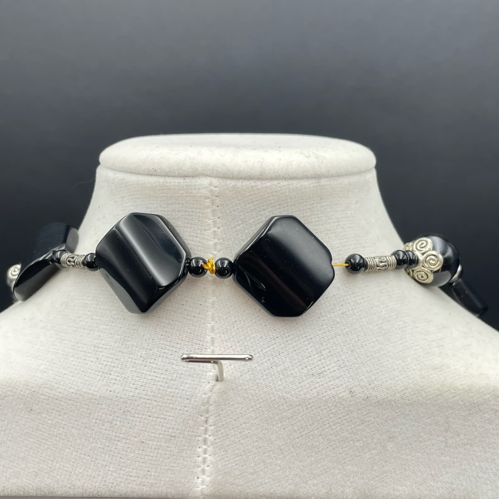 Vintage Silver-Tone Tribal Bohemian Black Onyx Beaded Station Statement Necklace - Thumbnail 8