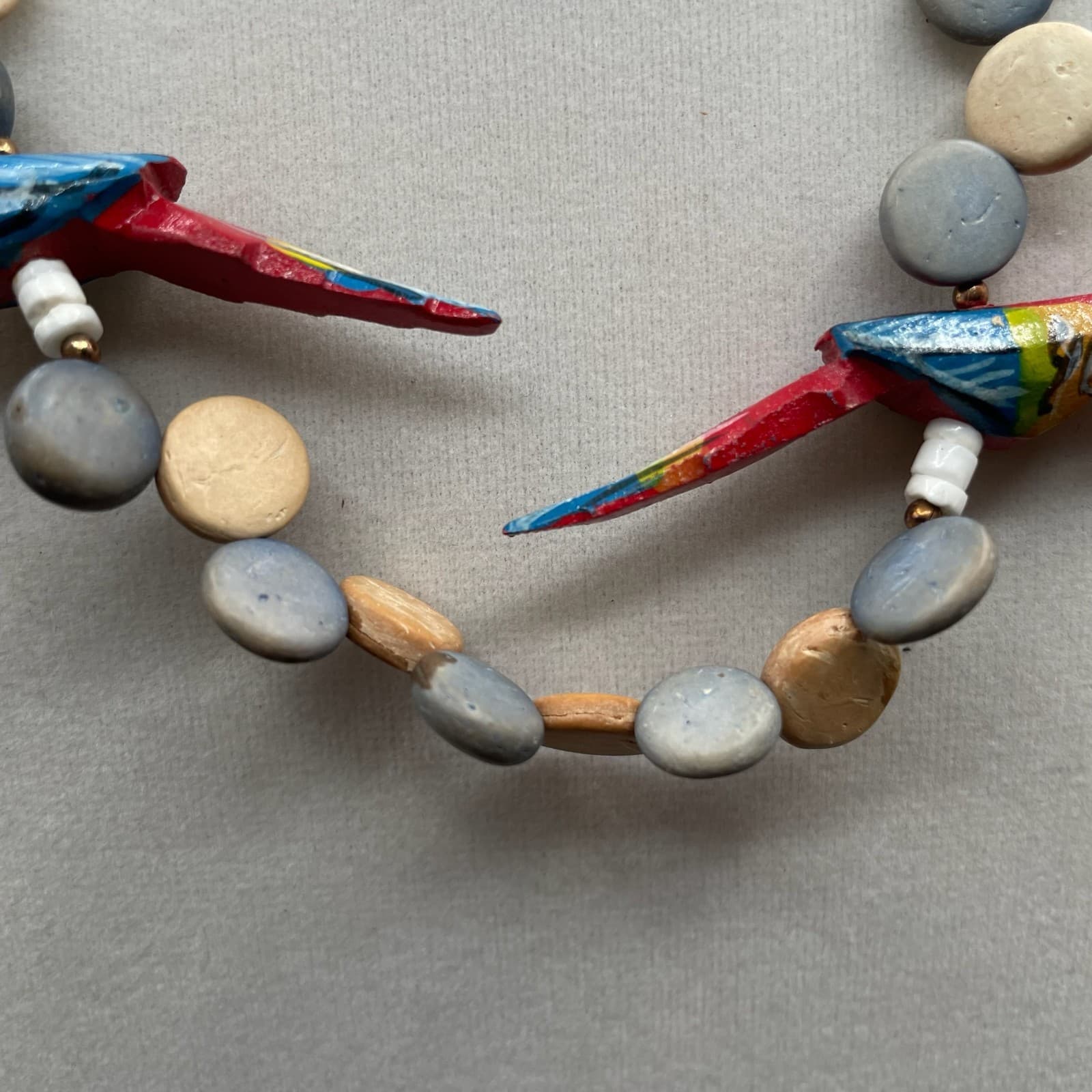 Contemporary White Asymmetrical Carved Wood Parrot Statement Beaded Necklace - Thumbnail 5