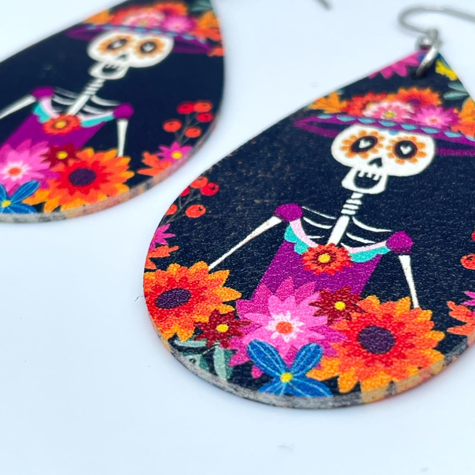 Fashion Pink Blue Gothic Leather Floral Skeleton Dangle French Hook Earrings - Thumbnail 5