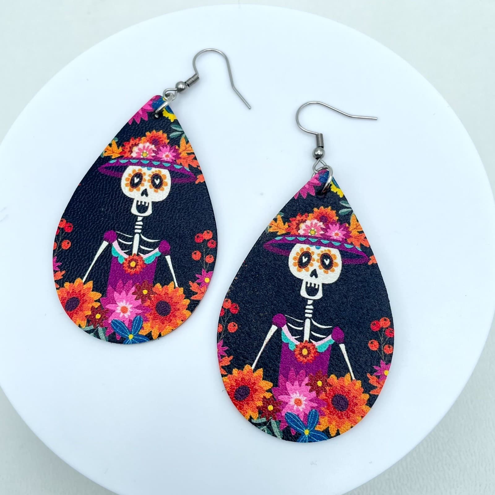 Fashion Pink Blue Gothic Leather Floral Skeleton Dangle French Hook Earrings - Image 1