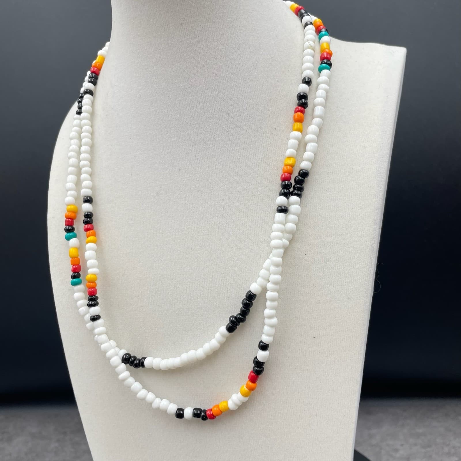 Western White Turquoise Classic Fashion Glass Seed Beads Double Strand Necklace - Thumbnail 3