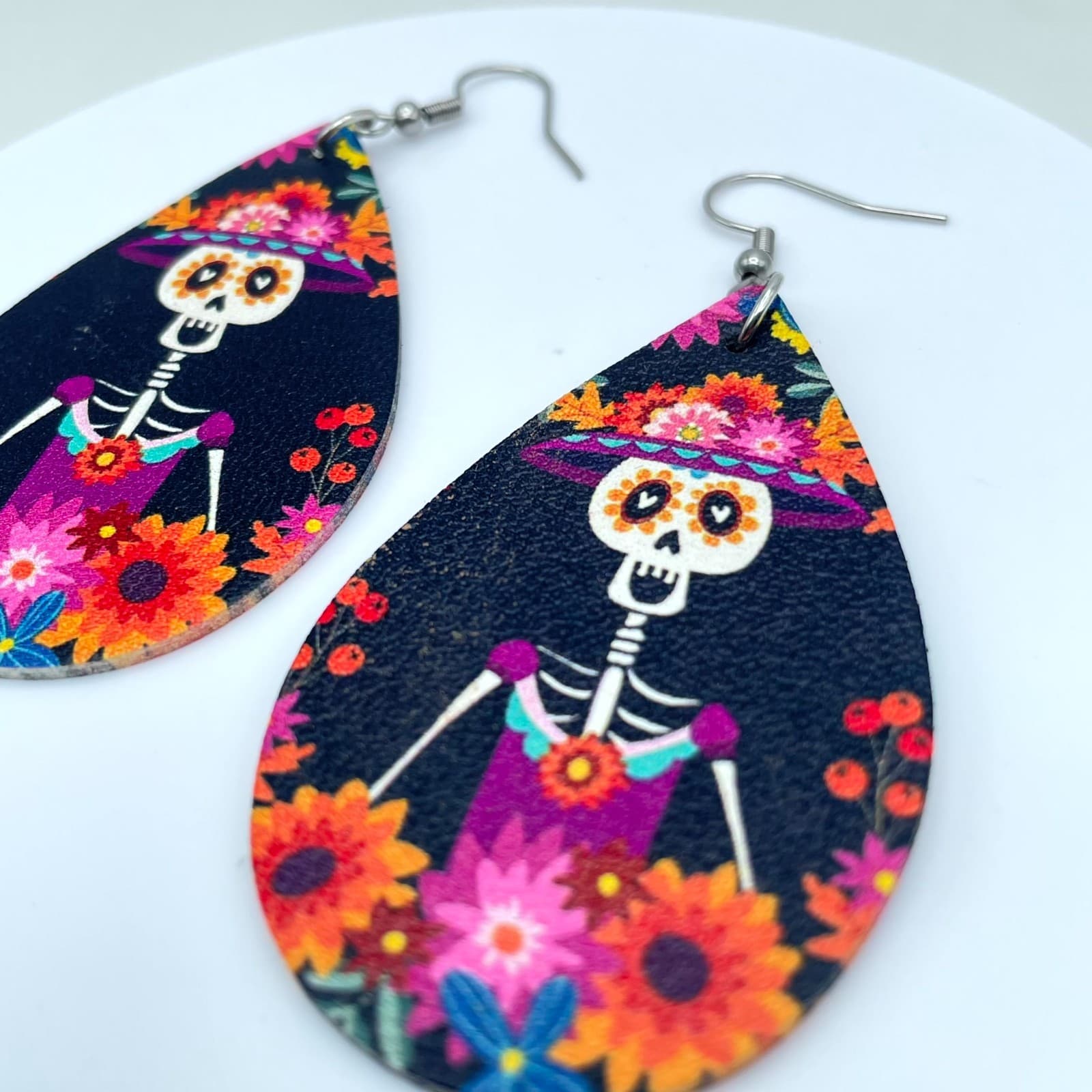 Fashion Pink Blue Gothic Leather Floral Skeleton Dangle French Hook Earrings - Thumbnail 3