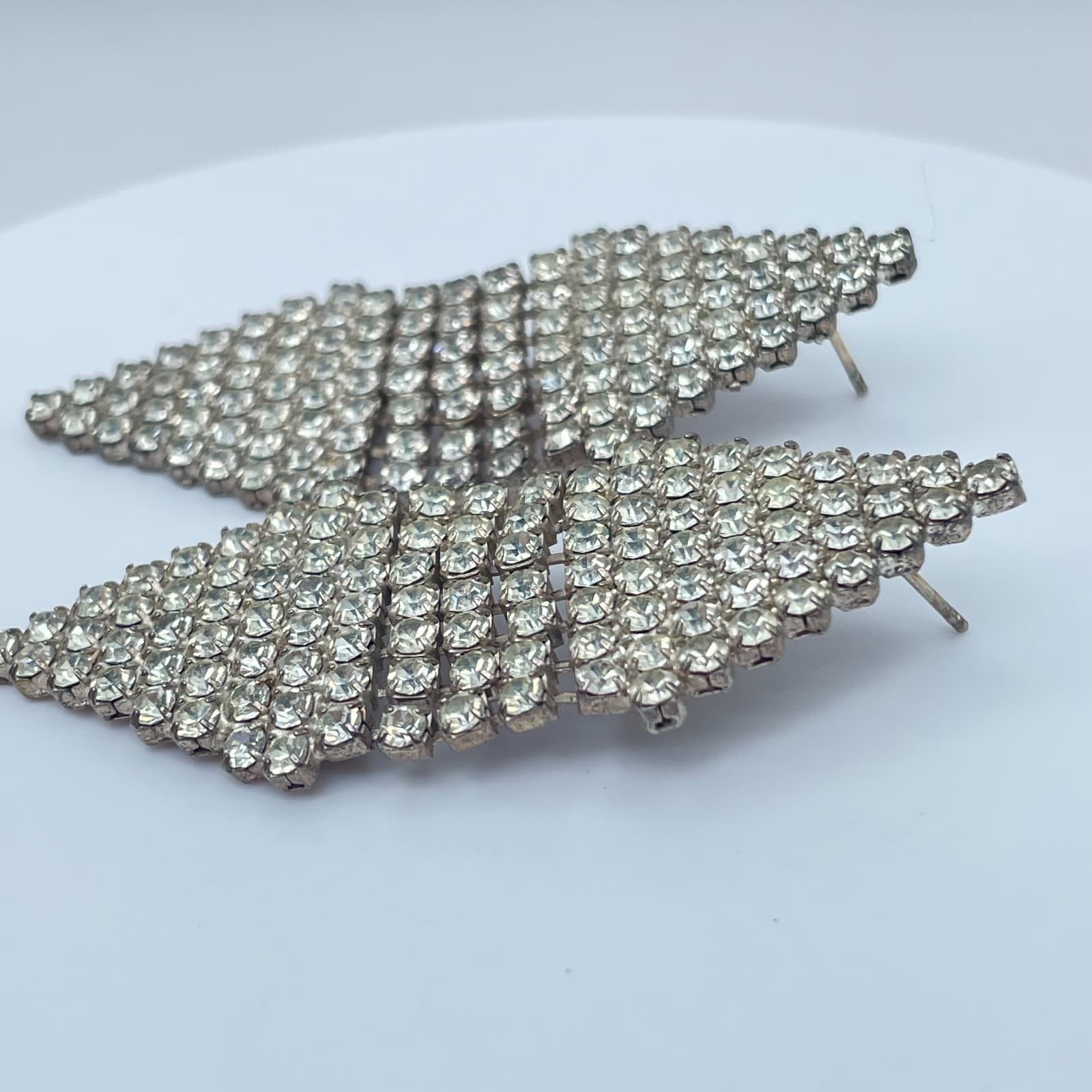 Vintage 90s Clear Rhinestone Silver Tone Dangle Earrings Women's Classic Jewelry - Thumbnail 5