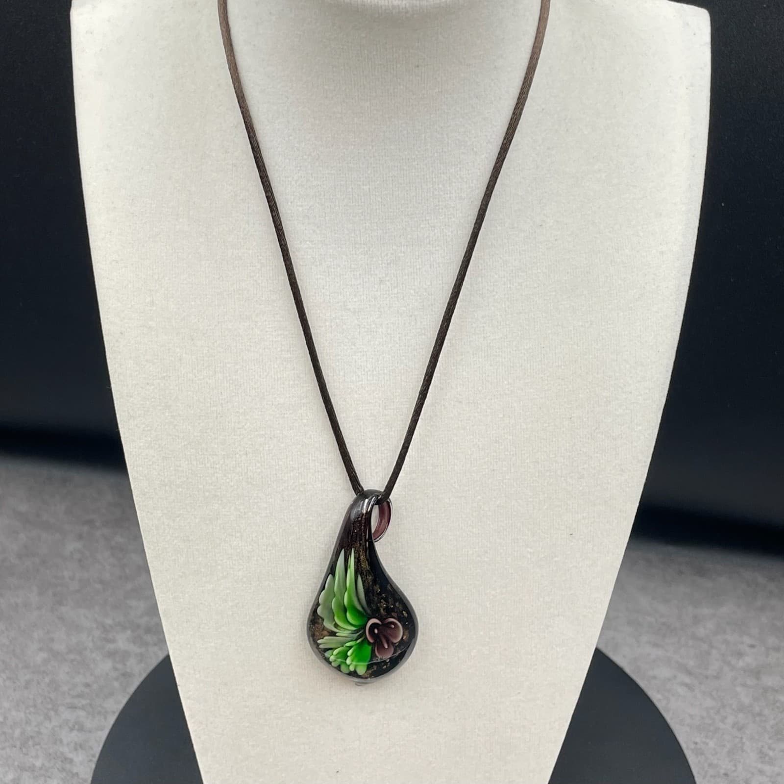 Black Lampwork Botanical Borosilicate Glass Blooming Flower Pendant Necklace - Thumbnail 2