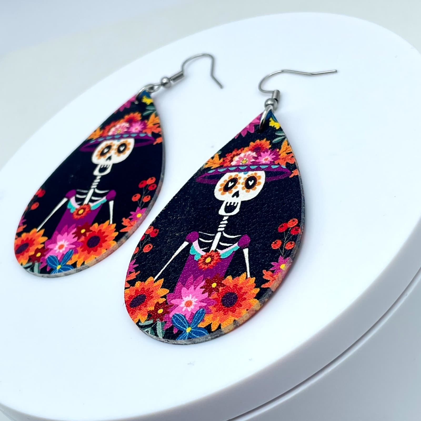 Fashion Pink Blue Gothic Leather Floral Skeleton Dangle French Hook Earrings - Thumbnail 6