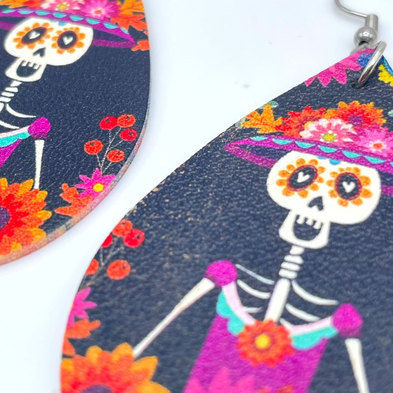 Fashion Pink Blue Gothic Leather Floral Skeleton Dangle French Hook Earrings - Thumbnail 4