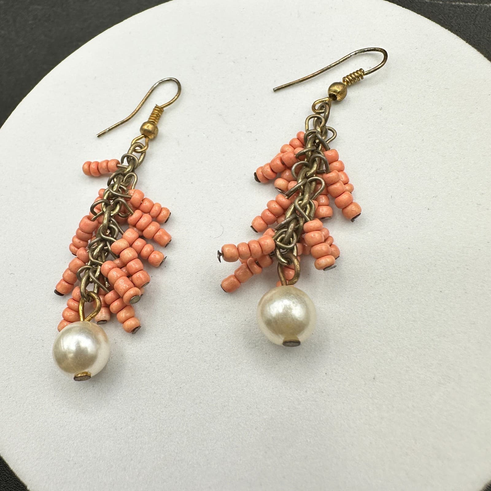 Vintage Handmade Women's Pink Beaded Long Hanging Fashion Dangle Earrings - Thumbnail 8