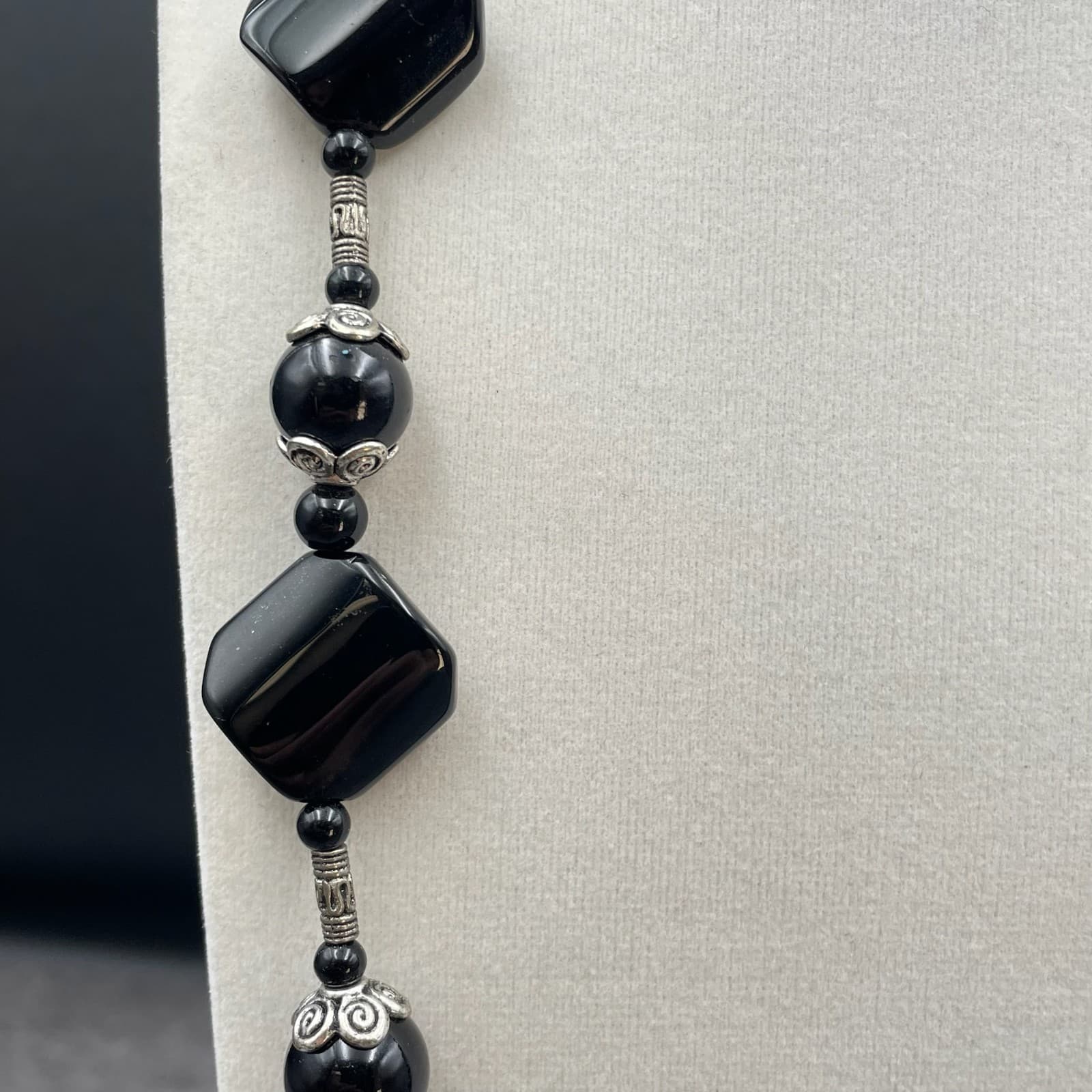 Vintage Silver-Tone Tribal Bohemian Black Onyx Beaded Station Statement Necklace - Thumbnail 4