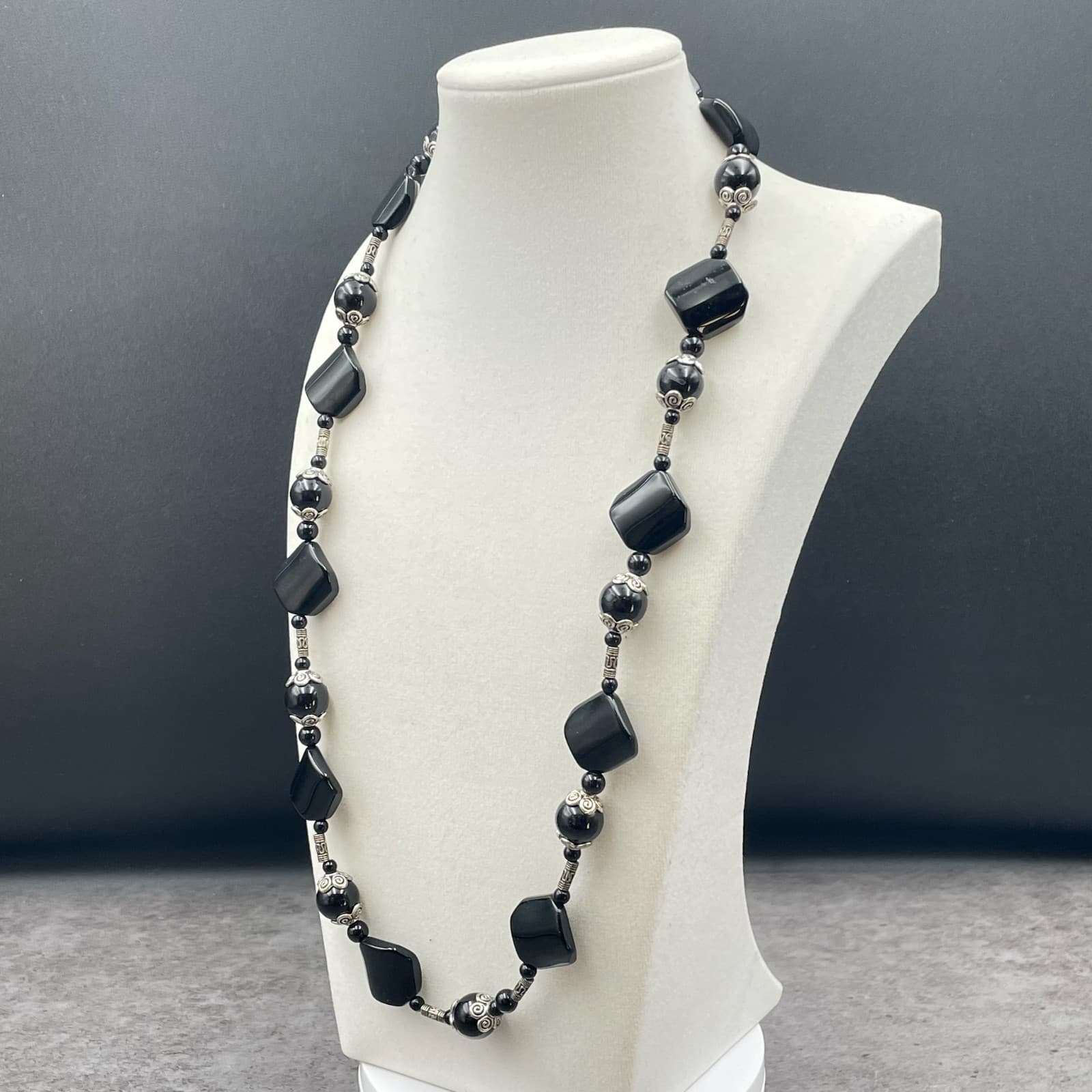 Vintage Silver-Tone Tribal Bohemian Black Onyx Beaded Station Statement Necklace - Thumbnail 6