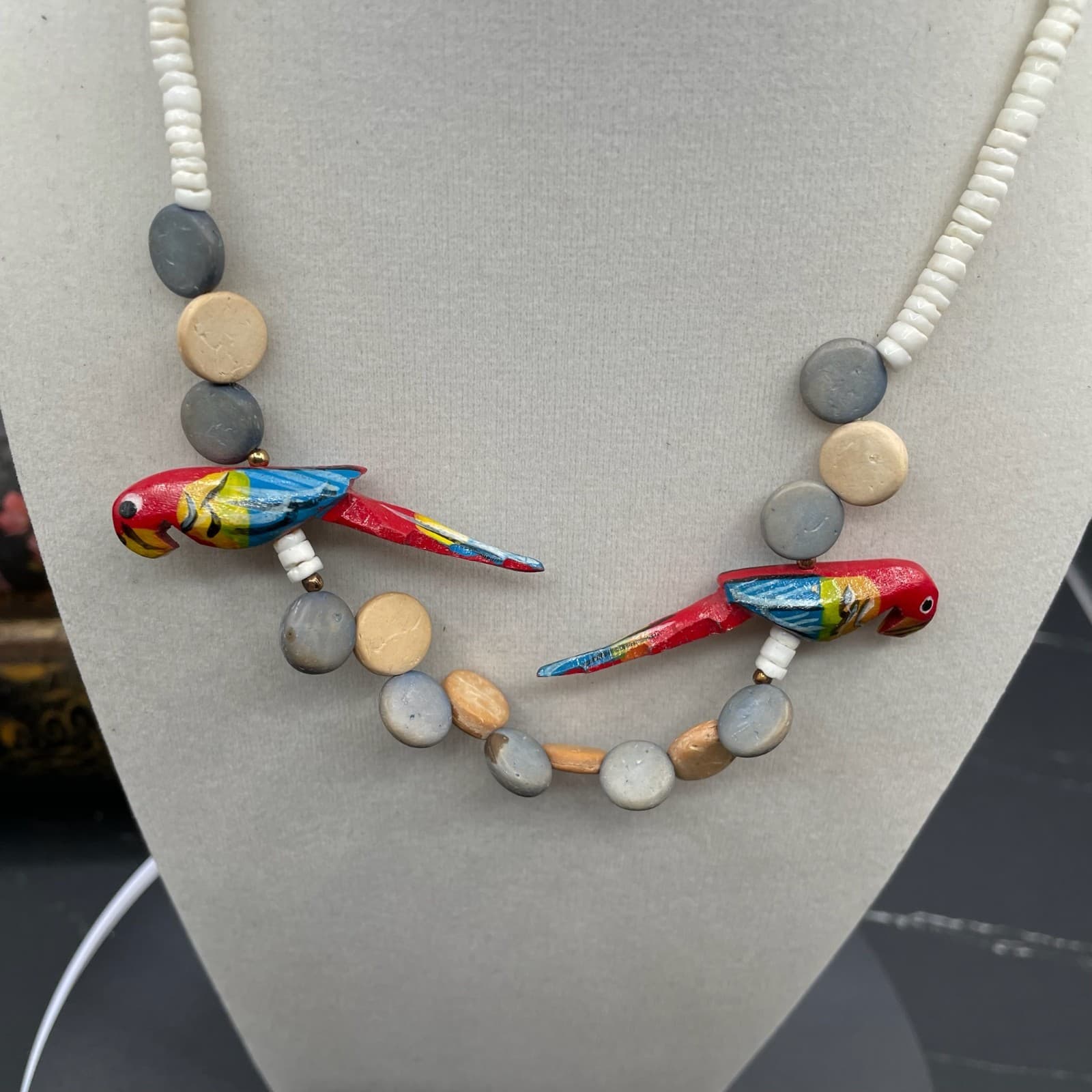 Contemporary White Asymmetrical Carved Wood Parrot Statement Beaded Necklace - Thumbnail 3