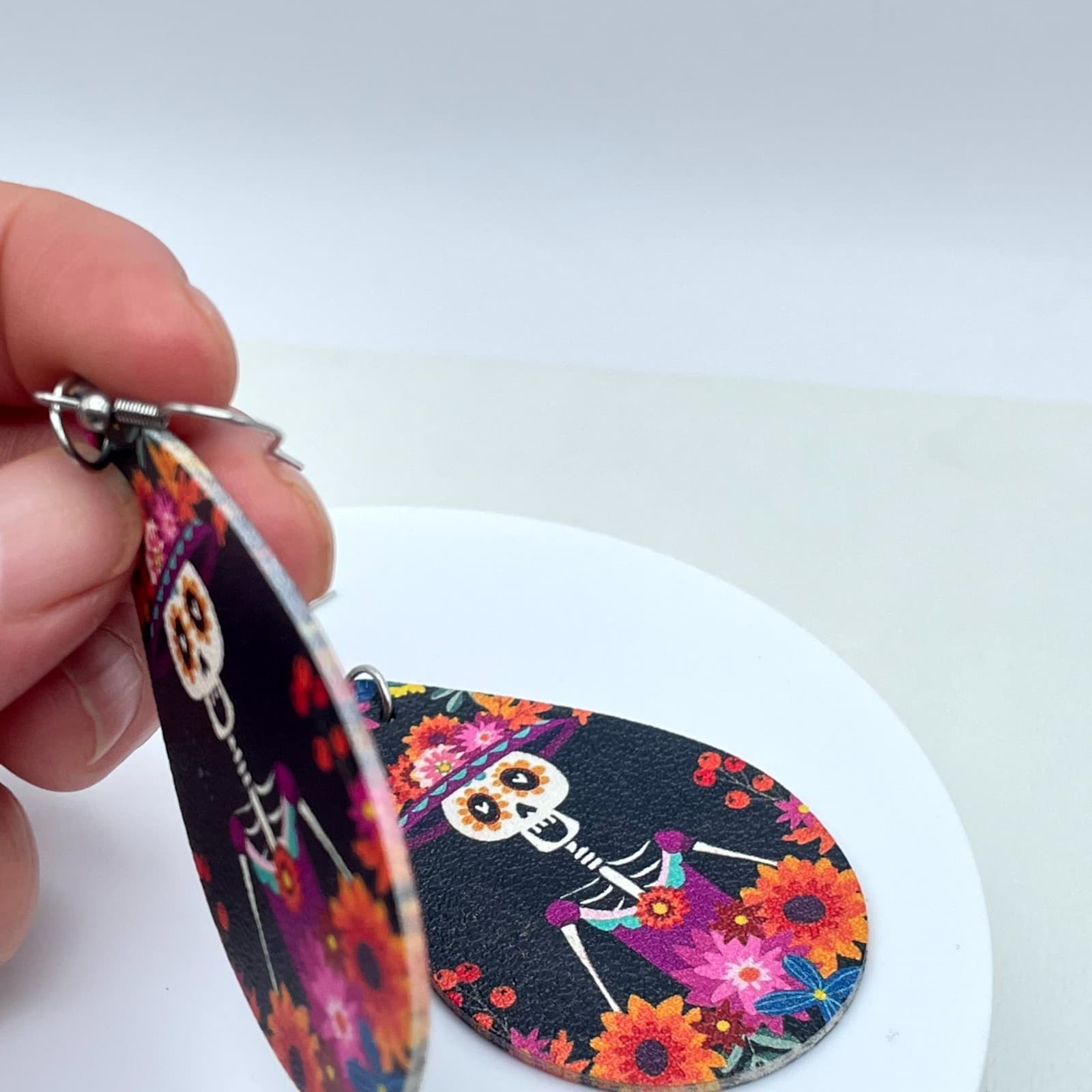 Fashion Pink Blue Gothic Leather Floral Skeleton Dangle French Hook Earrings - Thumbnail 9