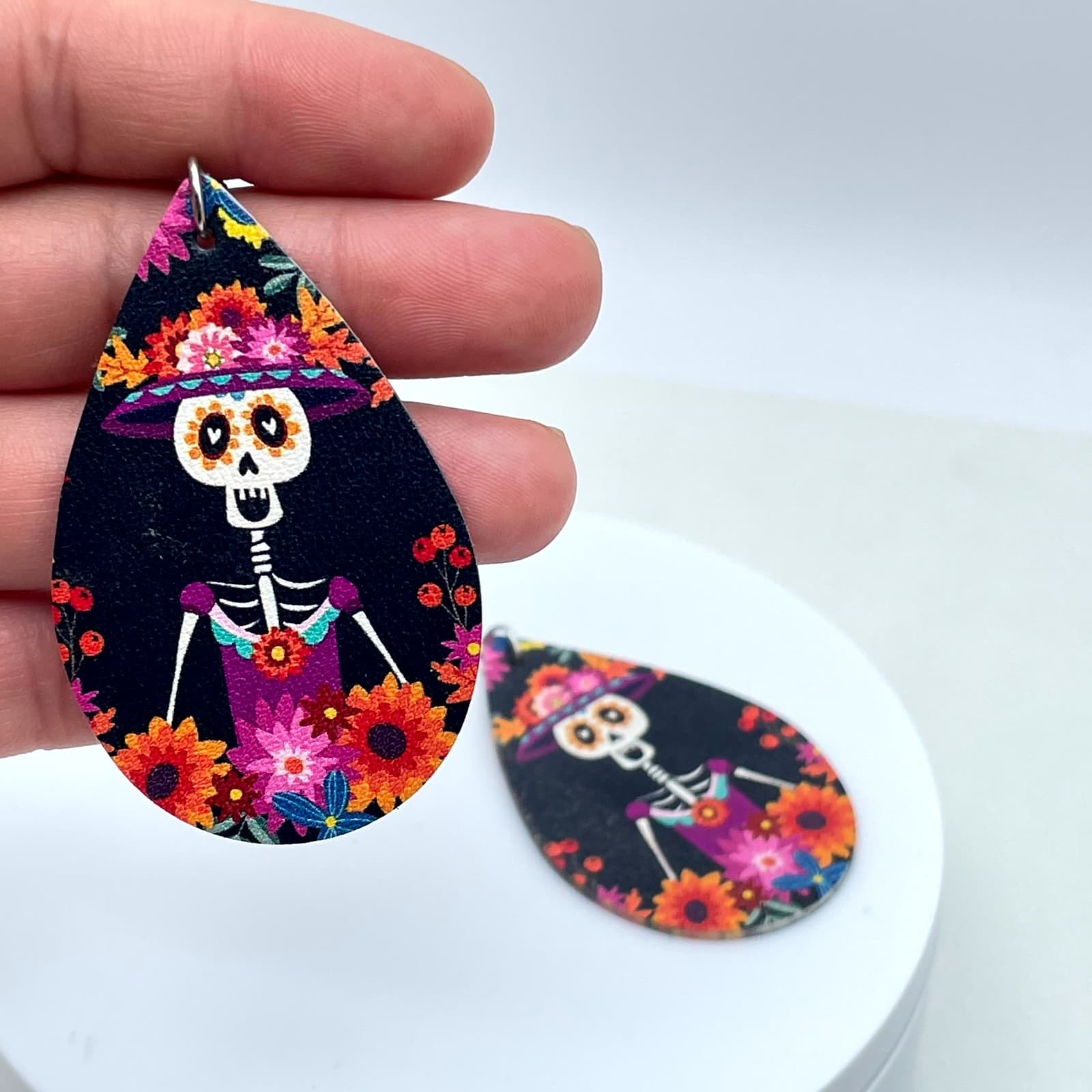 Fashion Pink Blue Gothic Leather Floral Skeleton Dangle French Hook Earrings - Thumbnail 10