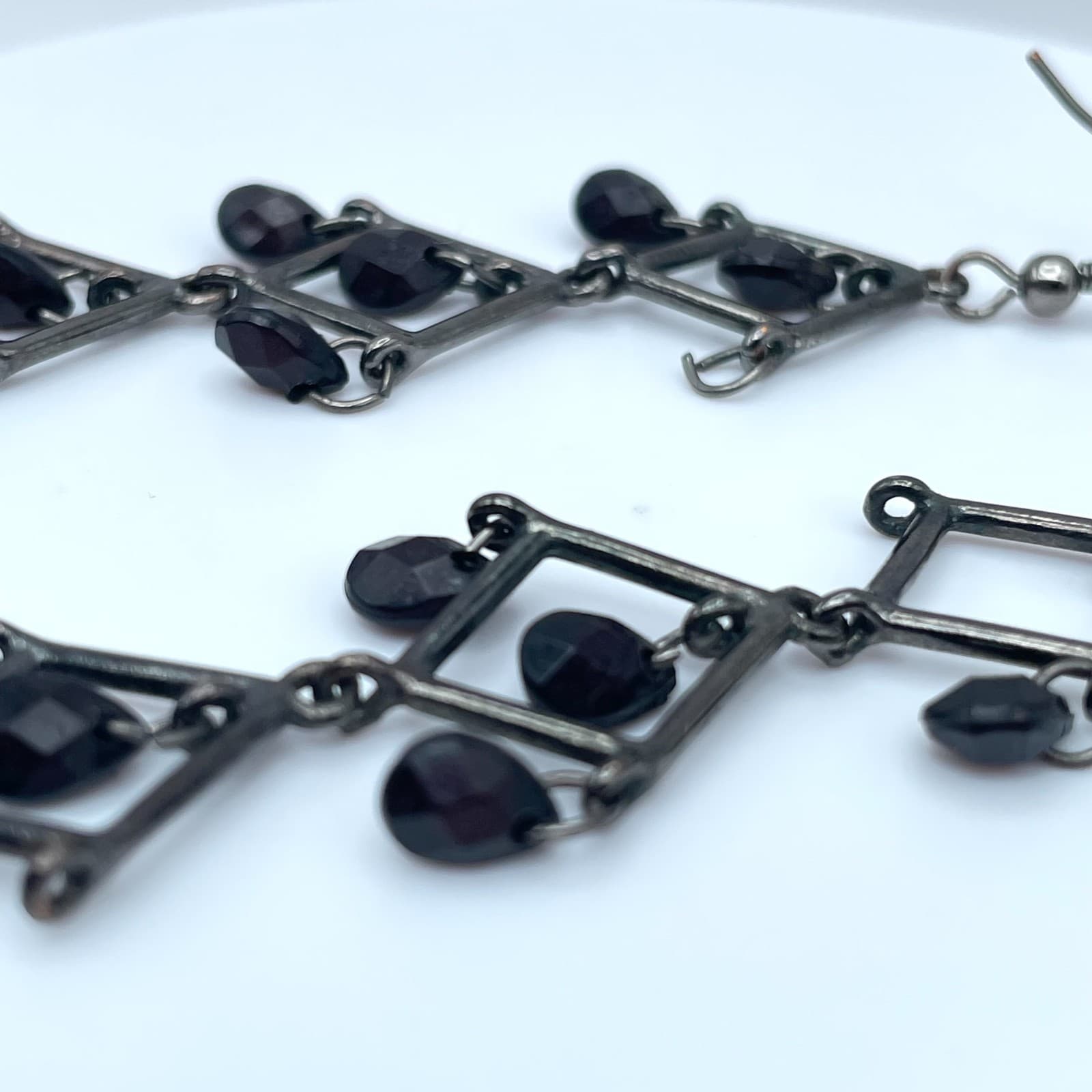 Vintage 90s Black Geometric Drop Beaded Dangle Earrings Women's Classic Jewelry - Thumbnail 3