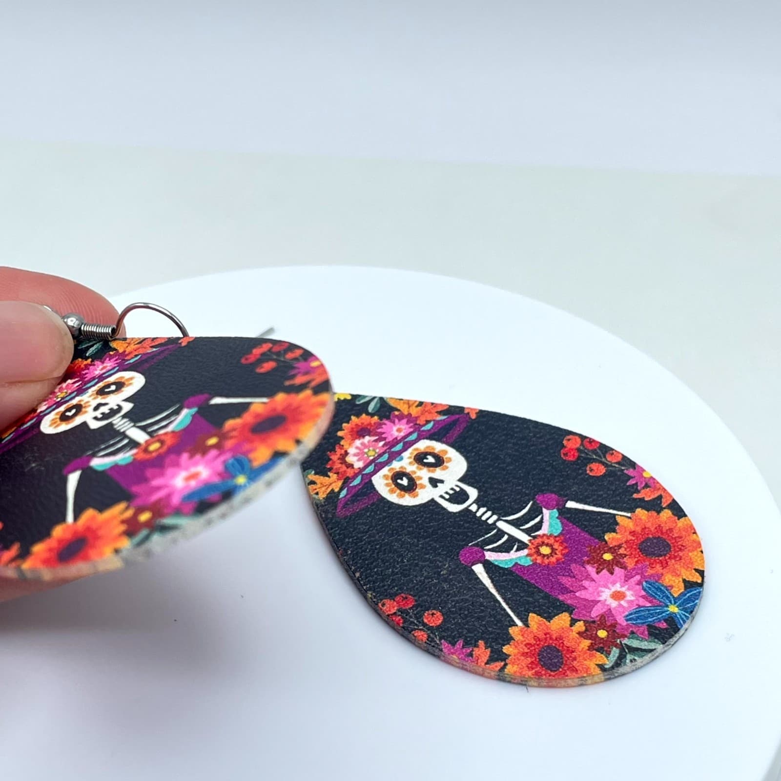 Fashion Pink Blue Gothic Leather Floral Skeleton Dangle French Hook Earrings - Thumbnail 8