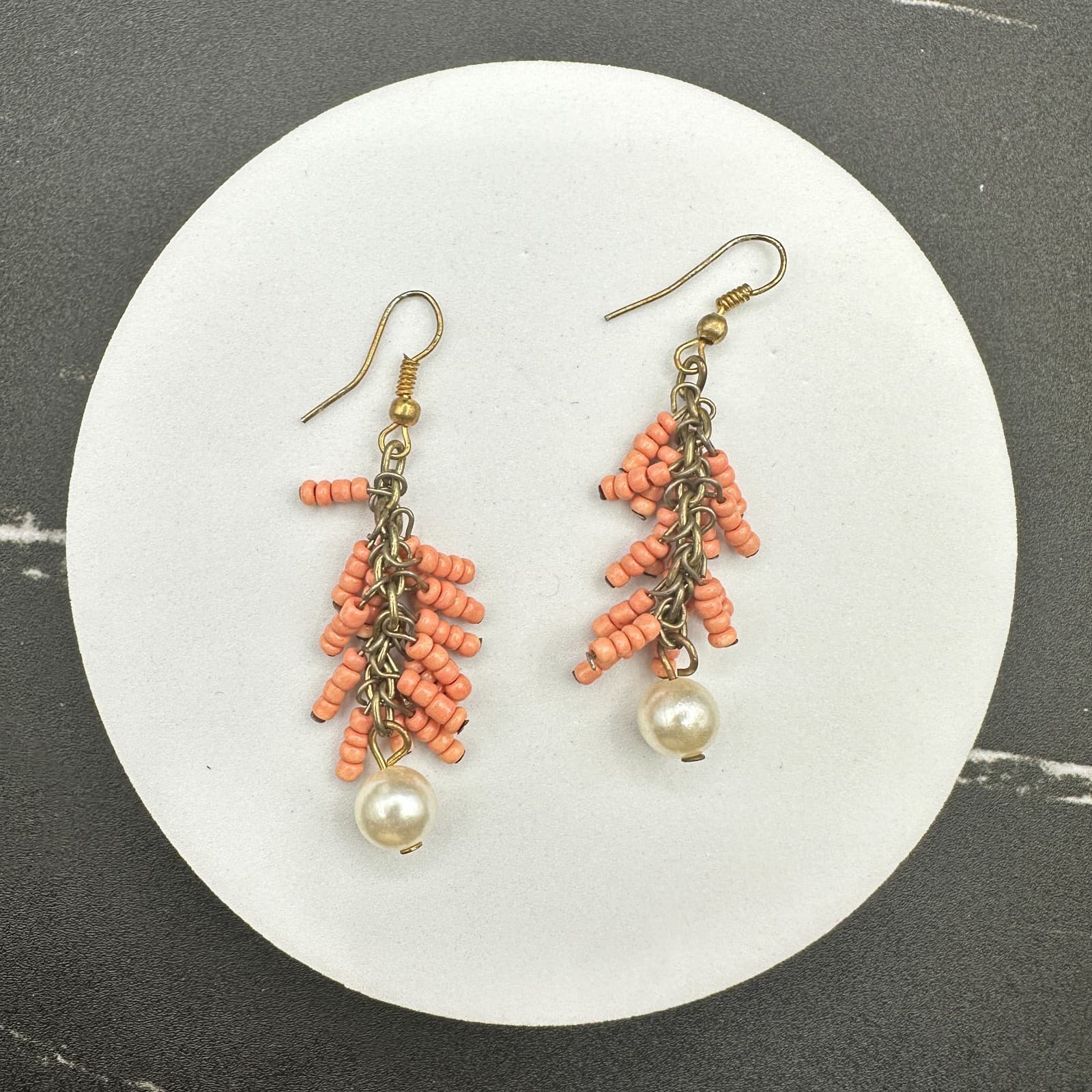 Vintage Handmade Women's Pink Beaded Long Hanging Fashion Dangle Earrings - Thumbnail 6