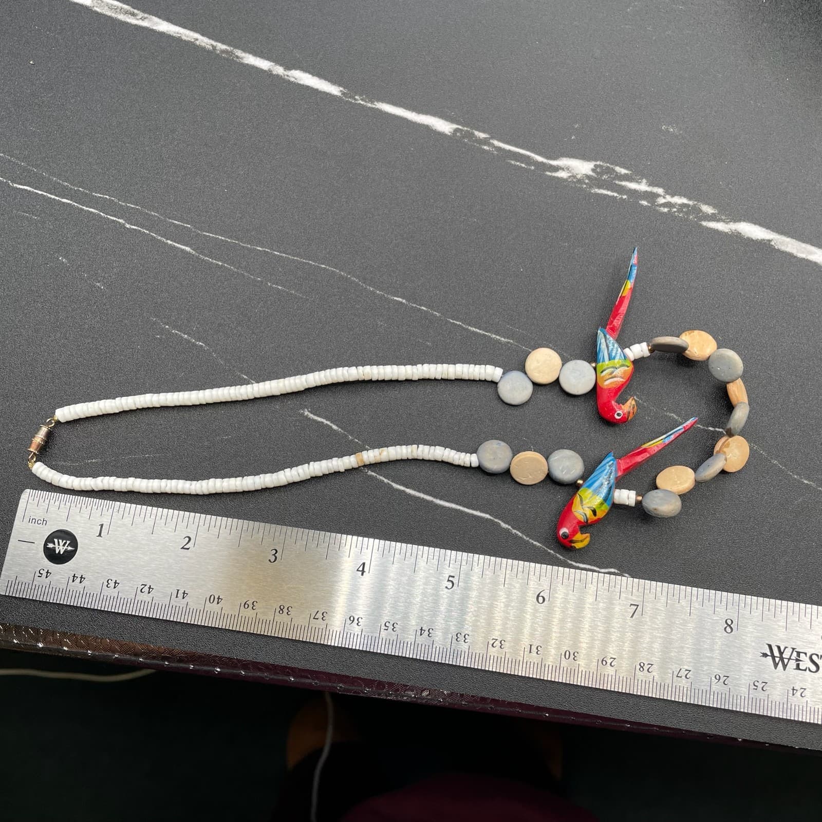 Contemporary White Asymmetrical Carved Wood Parrot Statement Beaded Necklace - Thumbnail 9