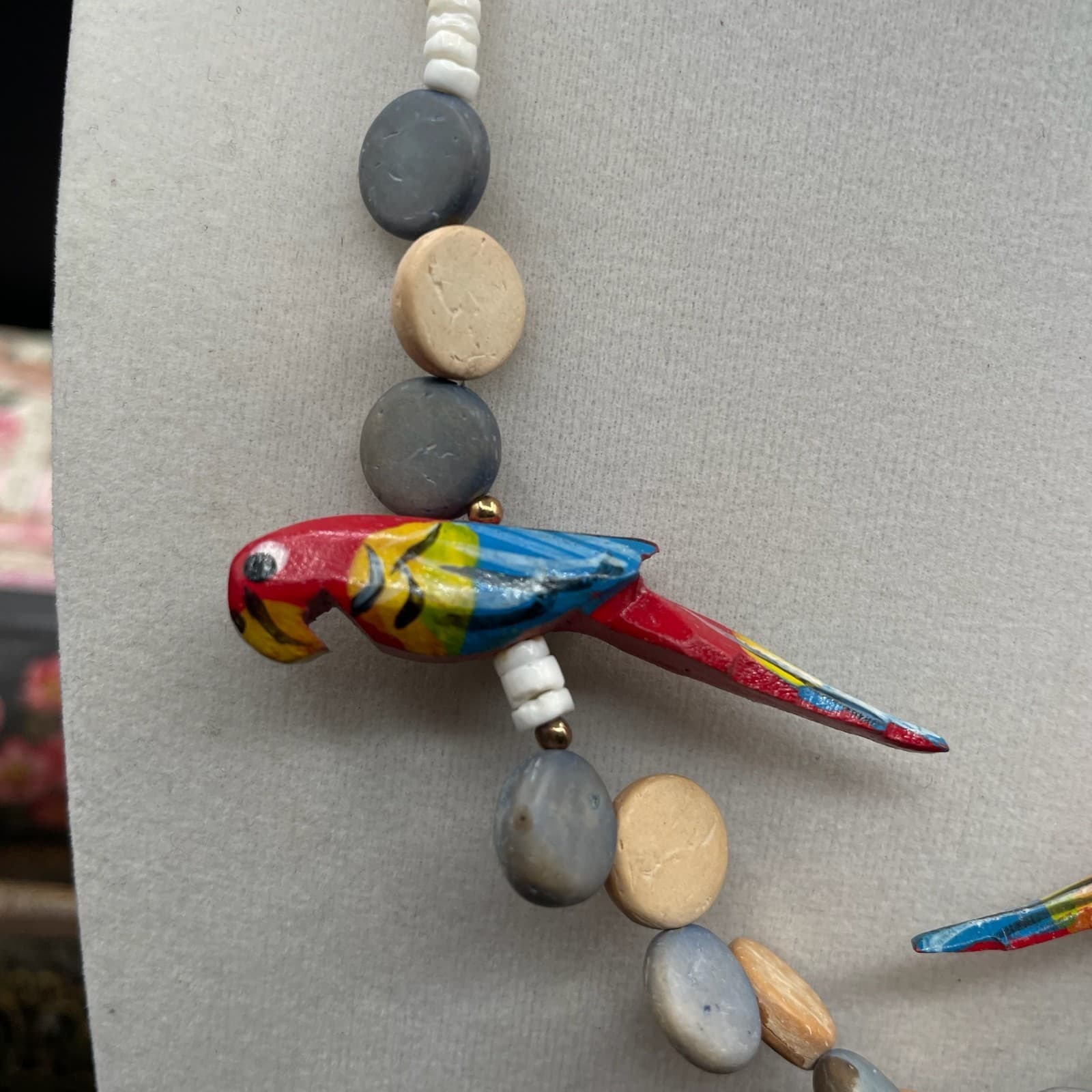 Contemporary White Asymmetrical Carved Wood Parrot Statement Beaded Necklace - Thumbnail 4