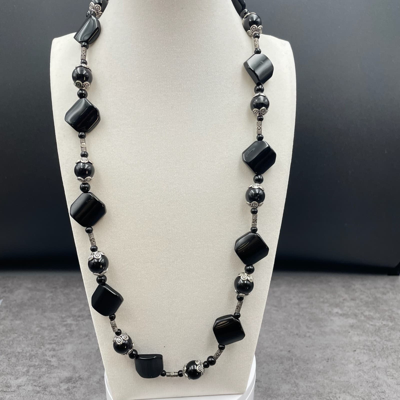 Vintage Silver-Tone Tribal Bohemian Black Onyx Beaded Station Statement Necklace - Image 1