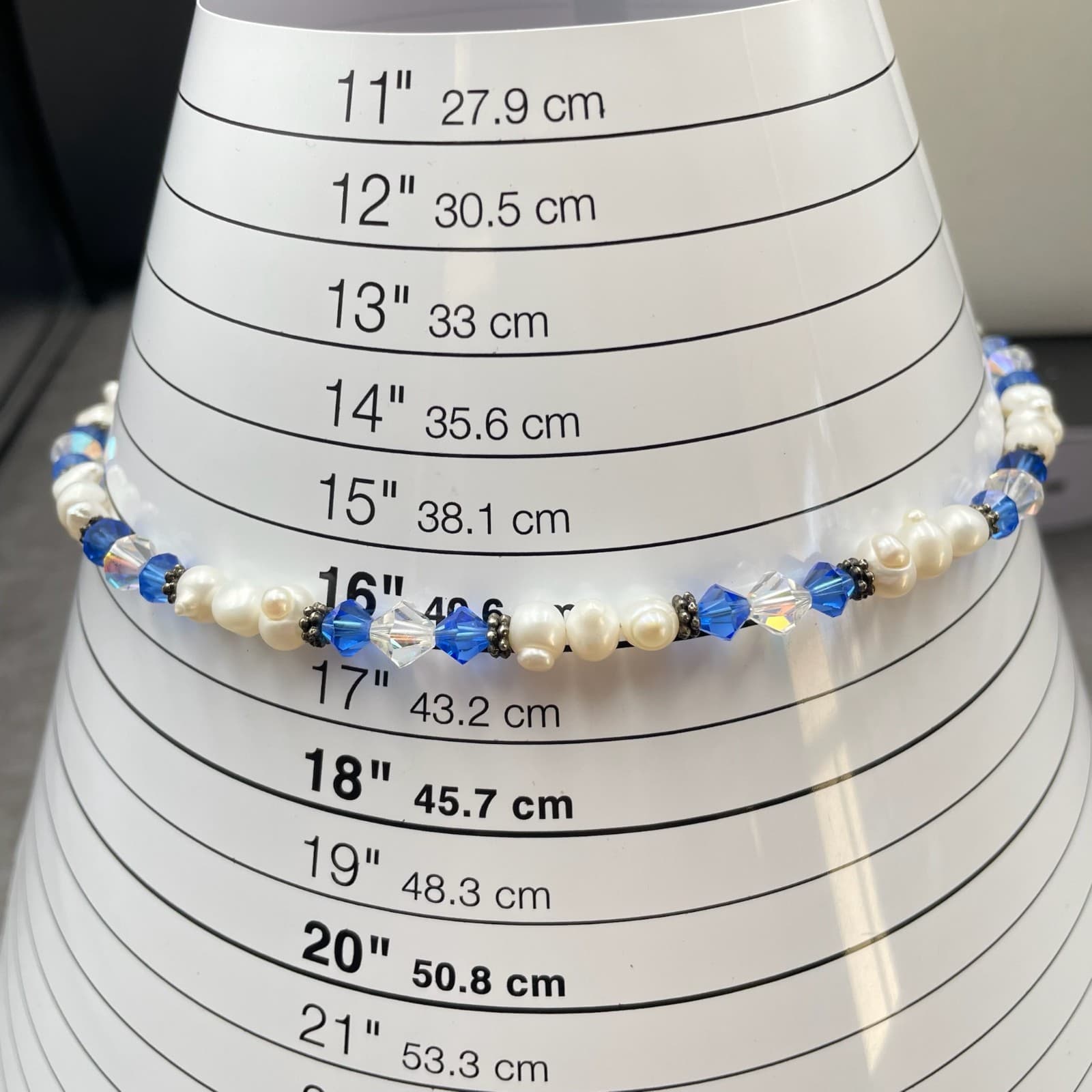 Artisan White Blue Faceted Bicone Crystals Freshwater Pearl Beaded Necklace - Thumbnail 6