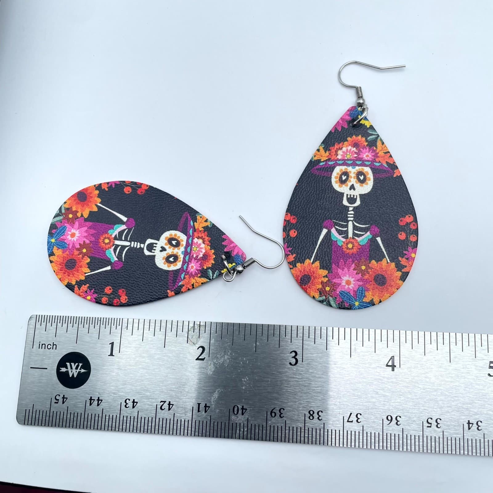 Fashion Pink Blue Gothic Leather Floral Skeleton Dangle French Hook Earrings - Thumbnail 2