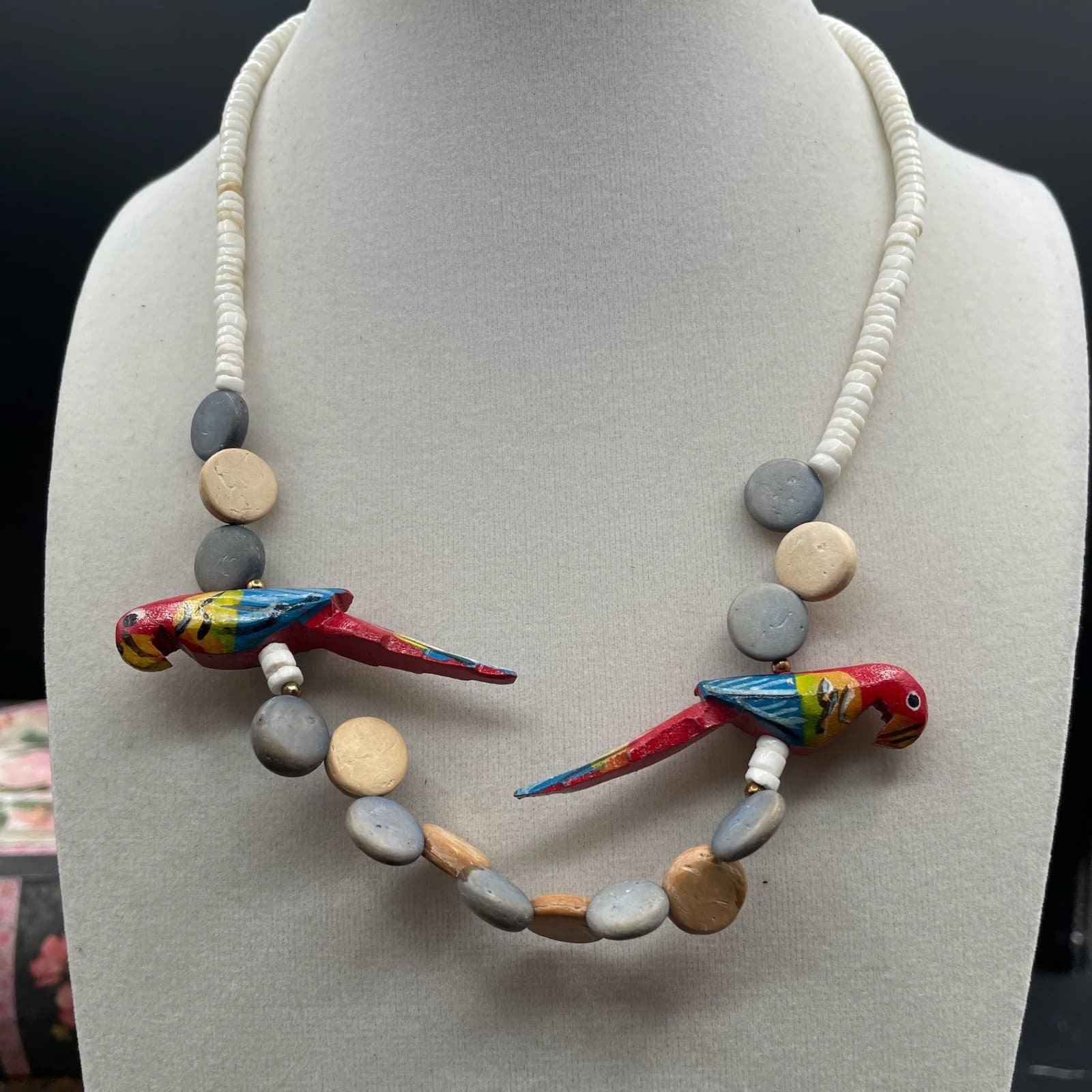 Contemporary White Asymmetrical Carved Wood Parrot Statement Beaded Necklace - Thumbnail 2