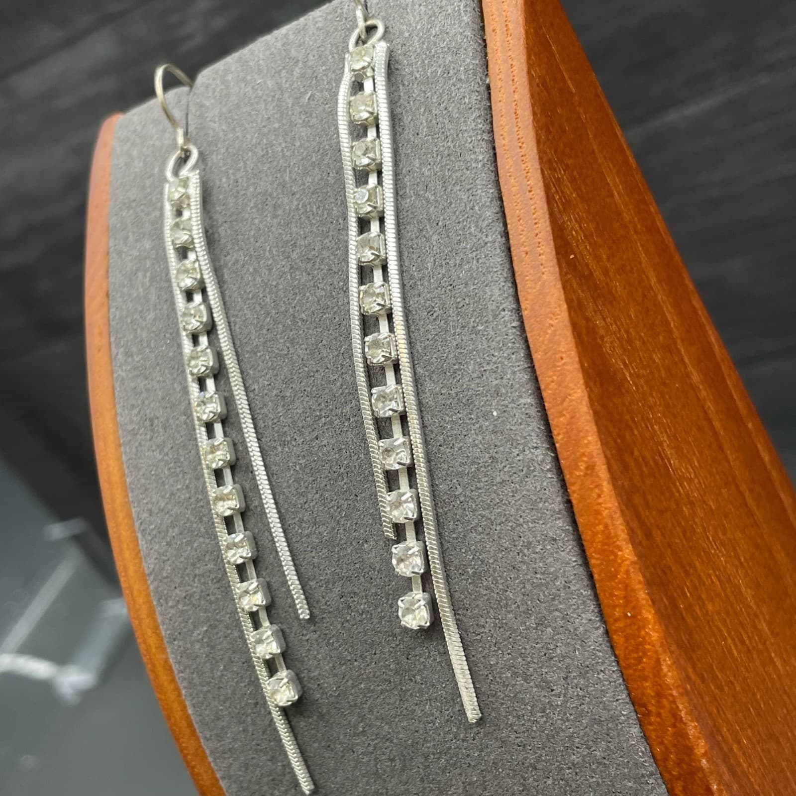 Silver Tone Rhinestone Bar Tassel Earrings Sleek Modern Glam - Thumbnail 4