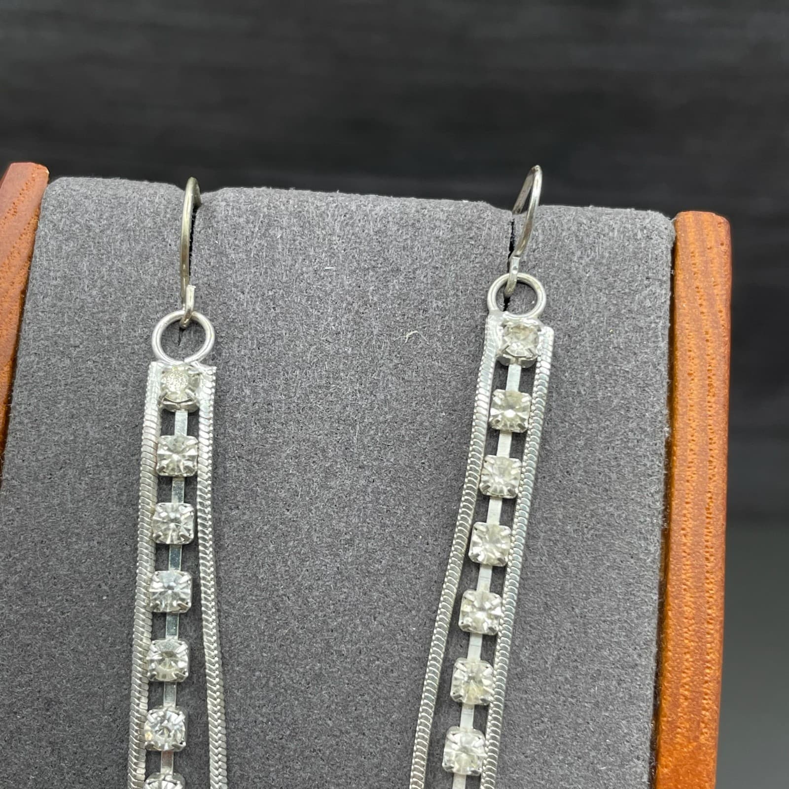 Silver Tone Rhinestone Bar Tassel Earrings Sleek Modern Glam - Thumbnail 2