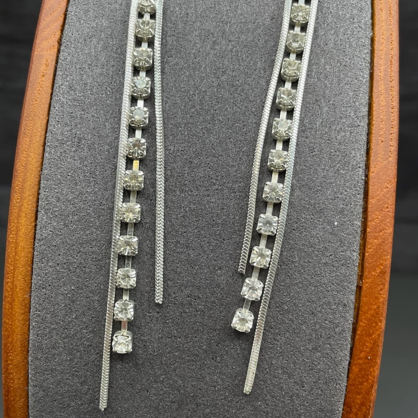 Silver Tone Rhinestone Bar Tassel Earrings Sleek Modern Glam - Thumbnail 3