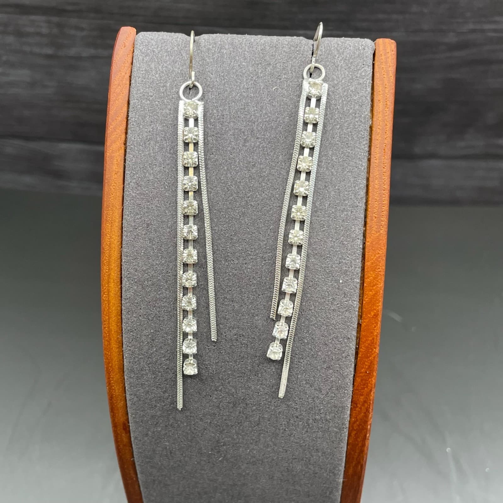 Silver Tone Rhinestone Bar Tassel Earrings Sleek Modern Glam - Image 1