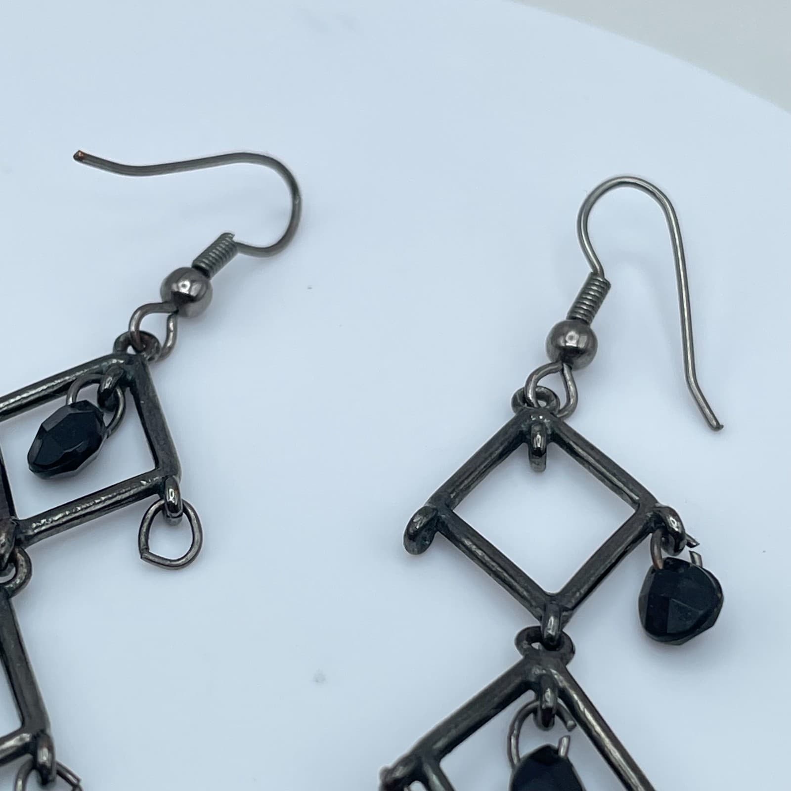 Vintage 90s Black Geometric Drop Beaded Dangle Earrings Women's Classic Jewelry - Thumbnail 5