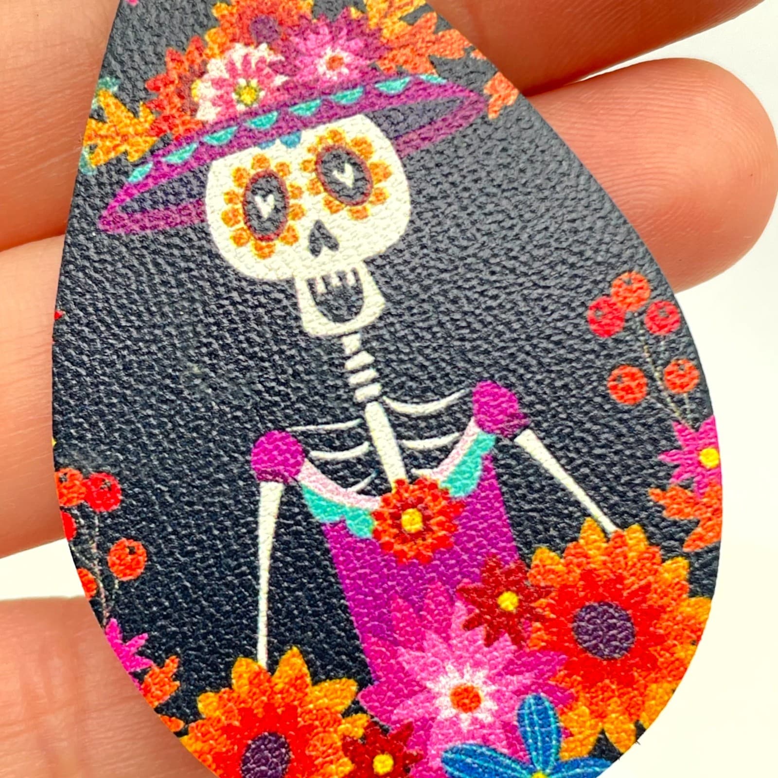 Fashion Pink Blue Gothic Leather Floral Skeleton Dangle French Hook Earrings - Thumbnail 11