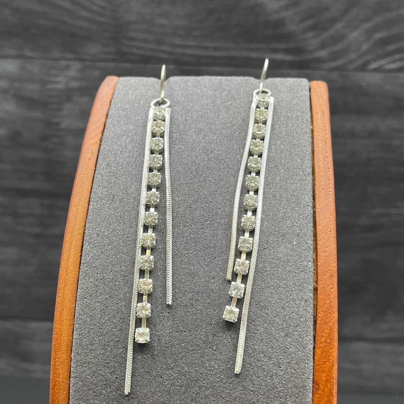 Silver Tone Rhinestone Bar Tassel Earrings Sleek Modern Glam - Thumbnail 5