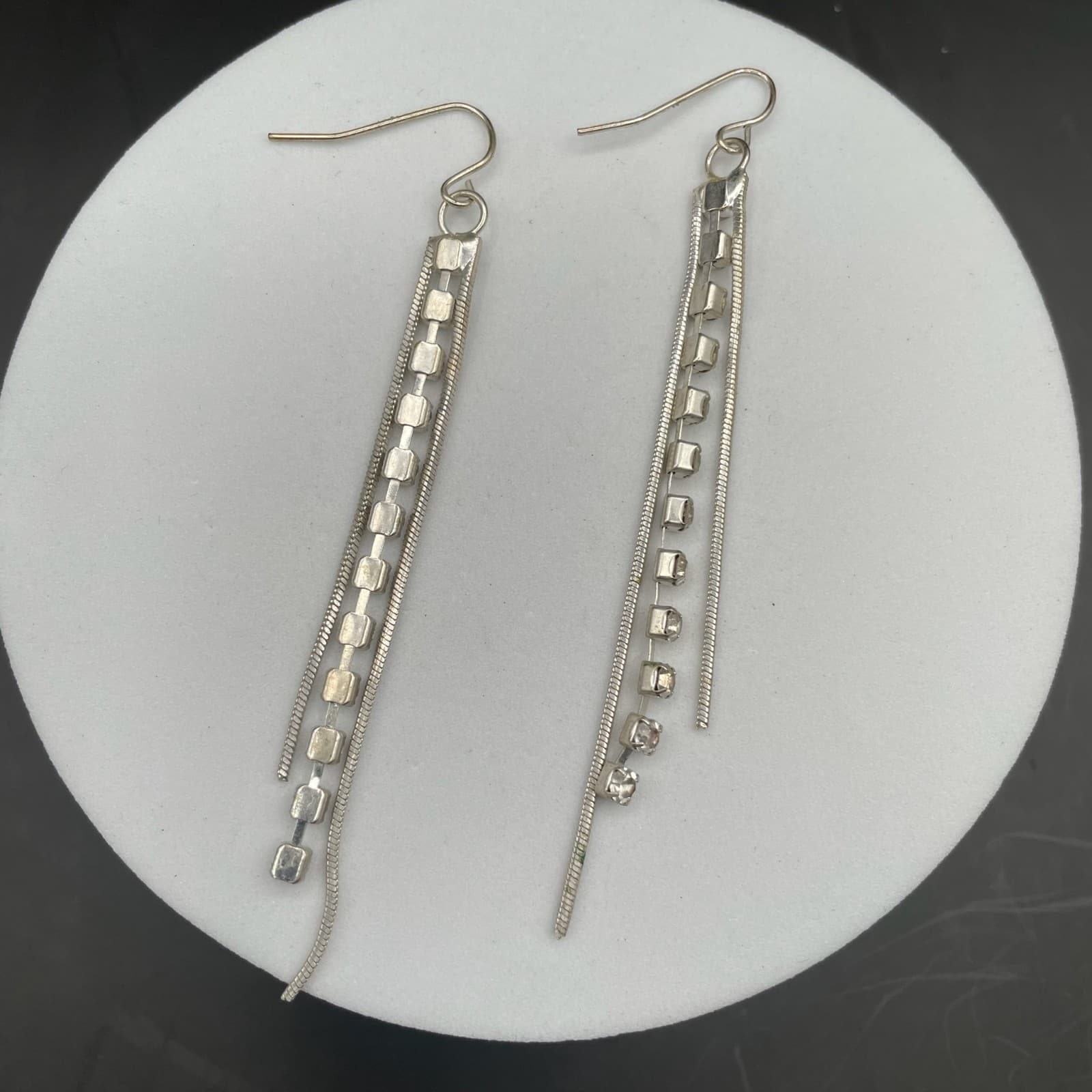 Silver Tone Rhinestone Bar Tassel Earrings Sleek Modern Glam - Thumbnail 6