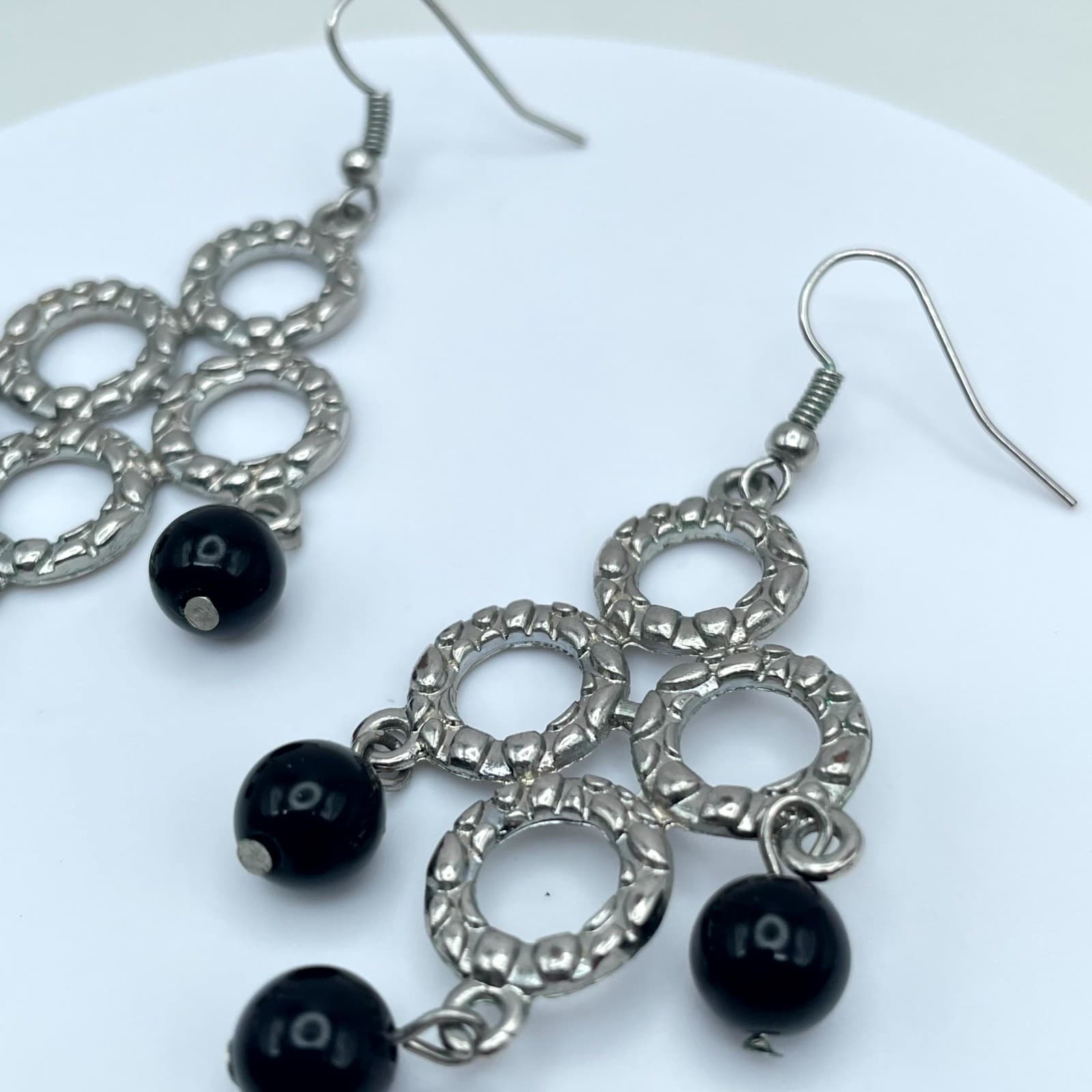 Y2K Bohemian Silver-Tone Black Onyx Beads Dangle Chandelier French Hook Earrings - Thumbnail 5