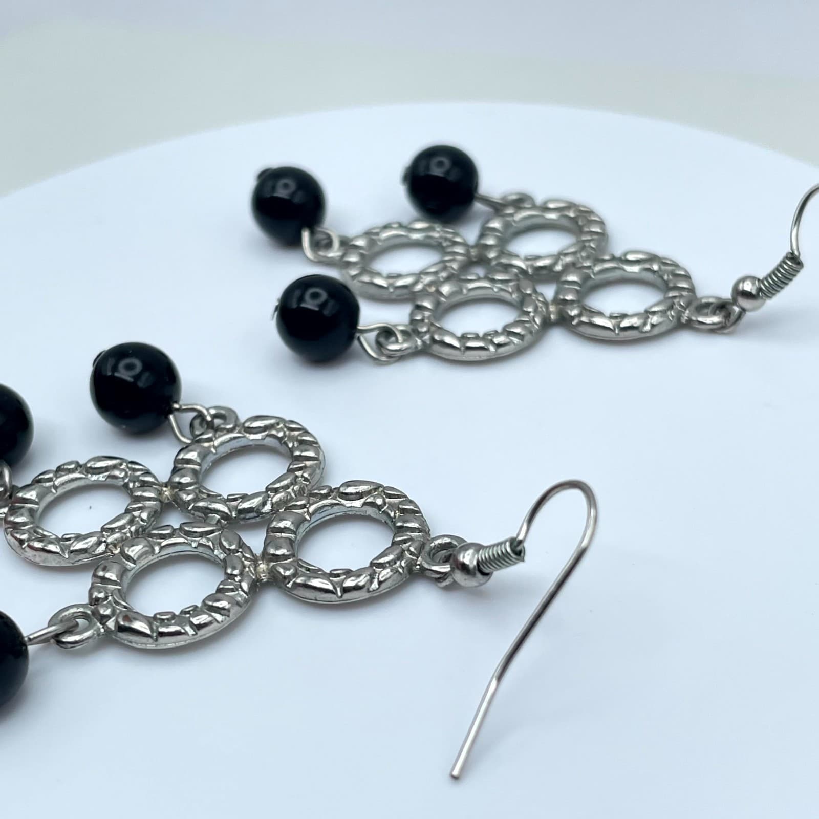 Y2K Bohemian Silver-Tone Black Onyx Beads Dangle Chandelier French Hook Earrings - Thumbnail 8