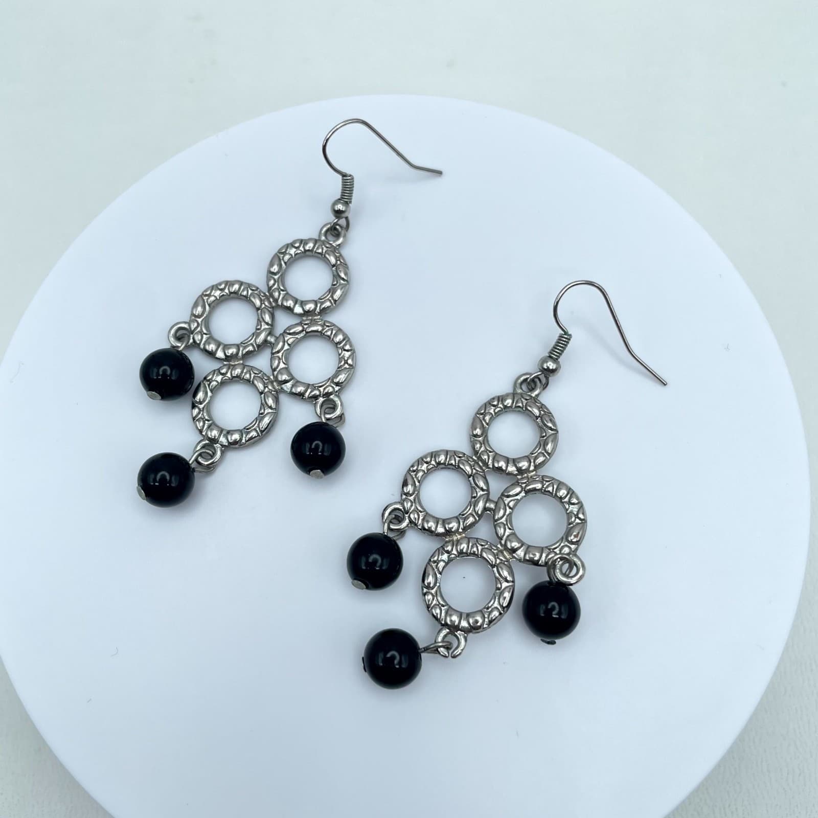 Y2K Bohemian Silver-Tone Black Onyx Beads Dangle Chandelier French Hook Earrings - Image 1