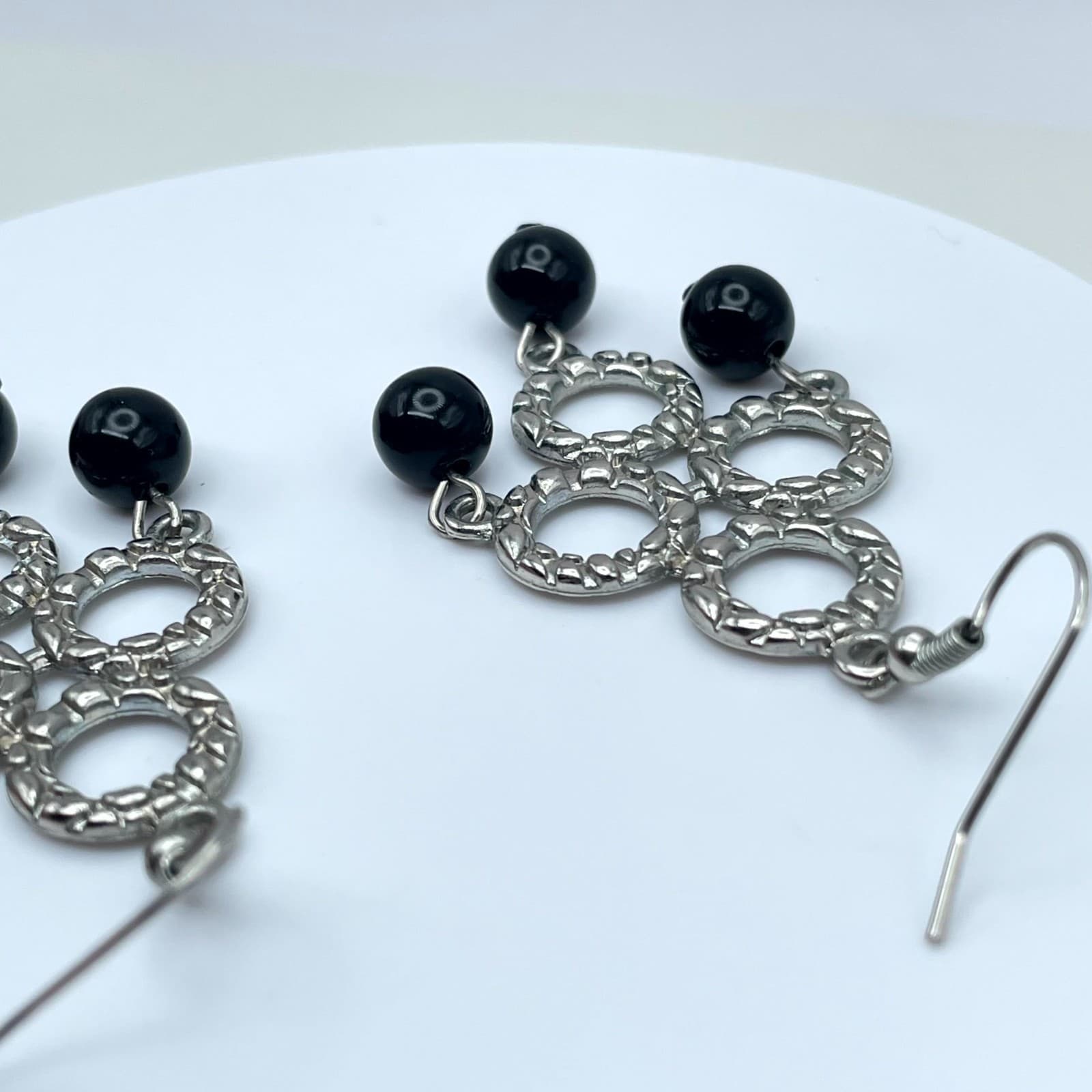 Y2K Bohemian Silver-Tone Black Onyx Beads Dangle Chandelier French Hook Earrings - Thumbnail 9