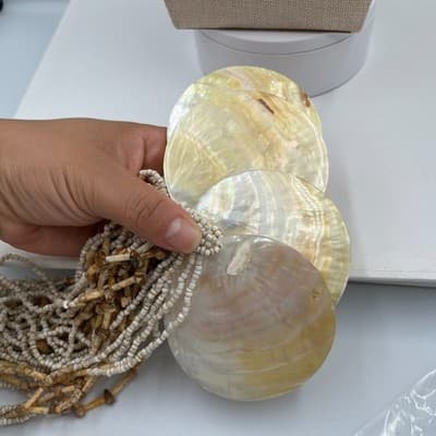 VTG White Wooden Bead Abalone Shell Pendant Statement Layered Medallion Necklace - Thumbnail 7