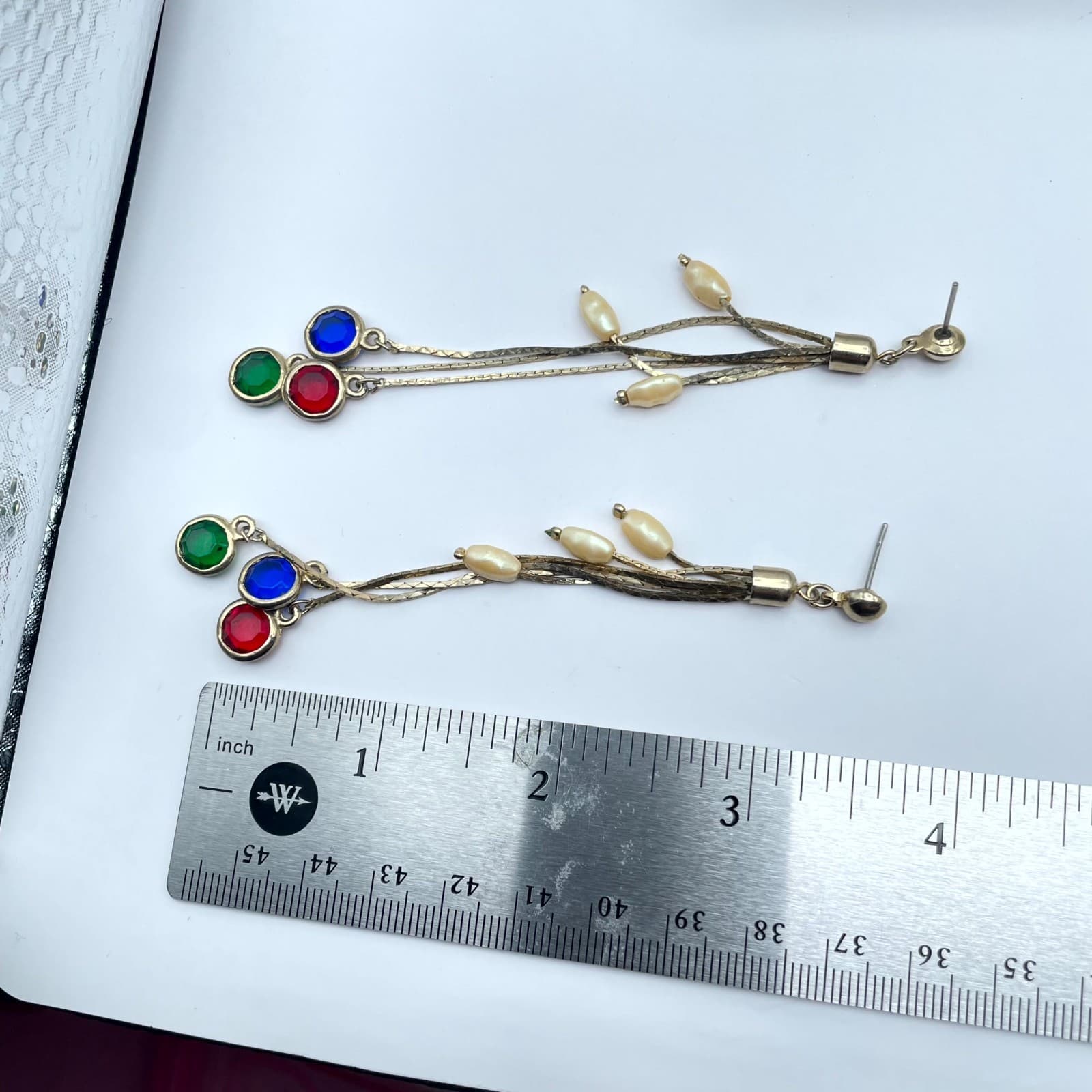 Vintage Gold-Tone Mother Of Pearl Bezel Round Stones Snake Chain Dangle Earrings - Thumbnail 2