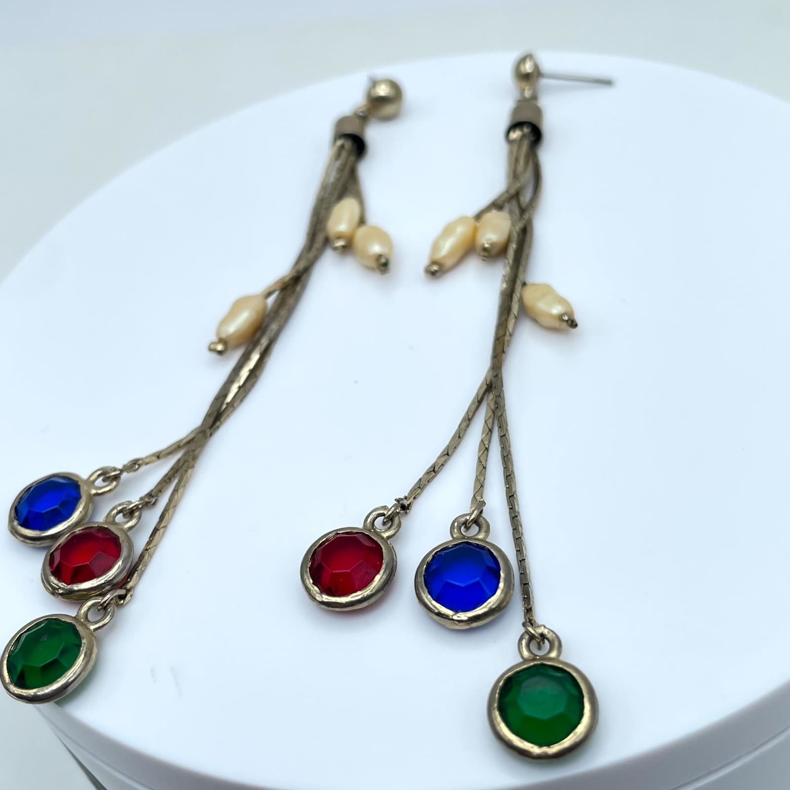 Vintage Gold-Tone Mother Of Pearl Bezel Round Stones Snake Chain Dangle Earrings - Thumbnail 5