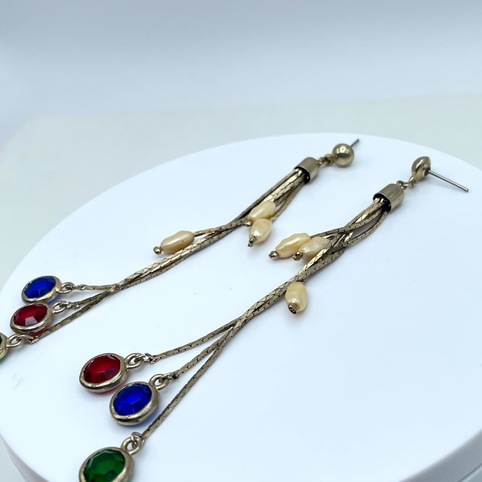 Vintage Gold-Tone Mother Of Pearl Bezel Round Stones Snake Chain Dangle Earrings - Thumbnail 9