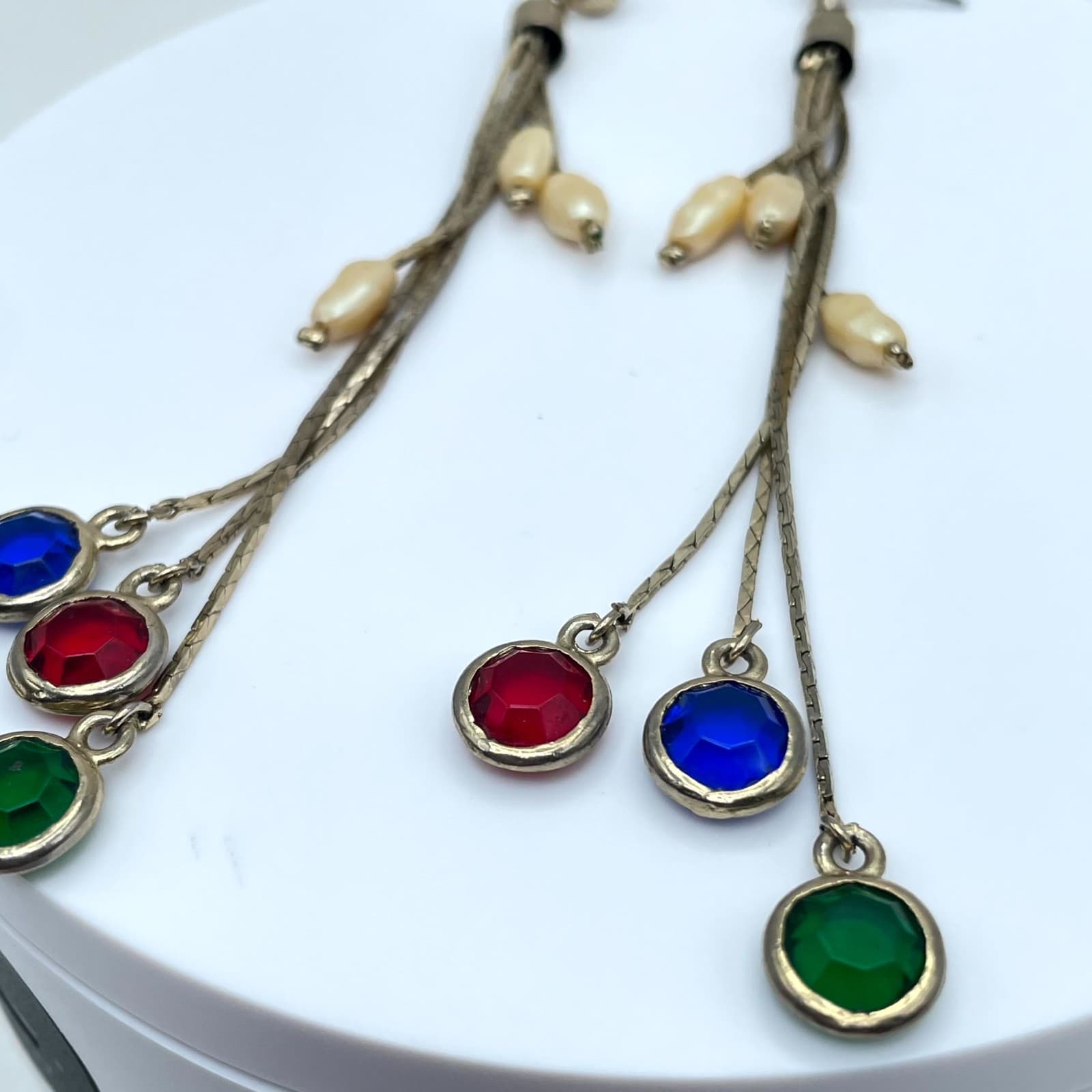 Vintage Gold-Tone Mother Of Pearl Bezel Round Stones Snake Chain Dangle Earrings - Thumbnail 8